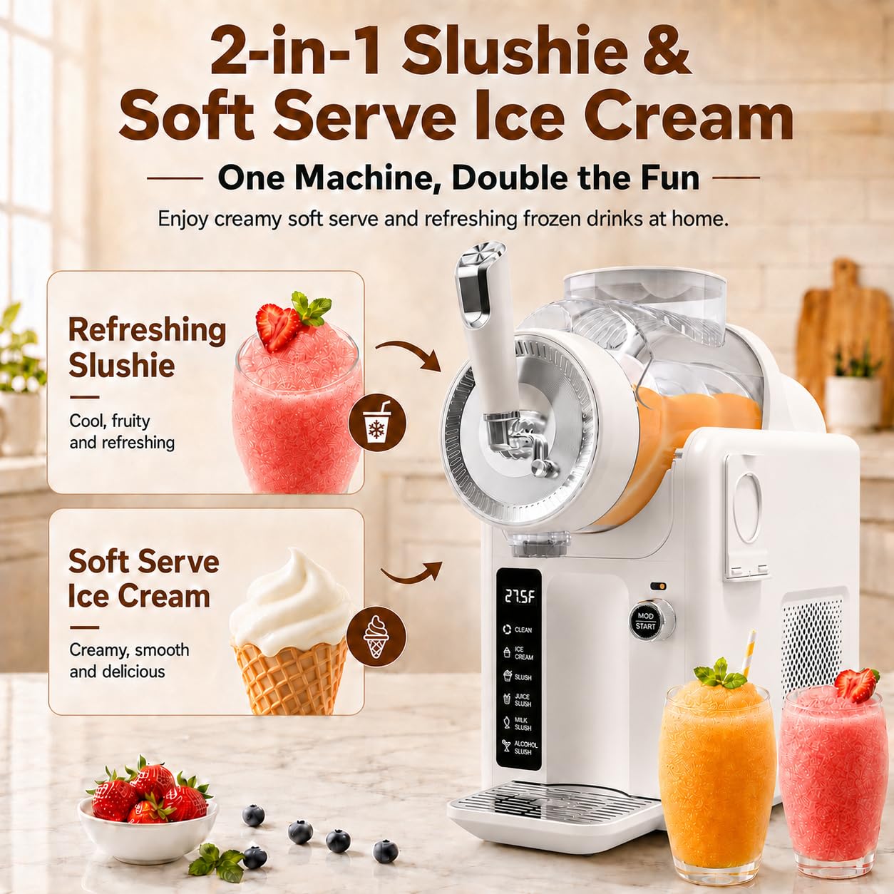 SYINTAO Slushie Machine No Ice Needed, 2-in-1 Frozen Drink & Soft Serve Ice Cream Maker, Self-Chilling Slushy Maker with 5 Presets, LED Display & Auto Clean for Home & Party (Black)