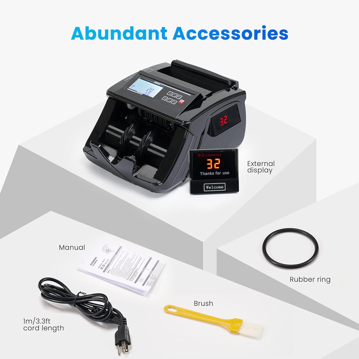 BODIOO Professional Money Counter Machine with UV/MG/IR/DD Detection, High-Speed 1000 Bills per Minute, USD and EUR Support, External LCD Display,Black