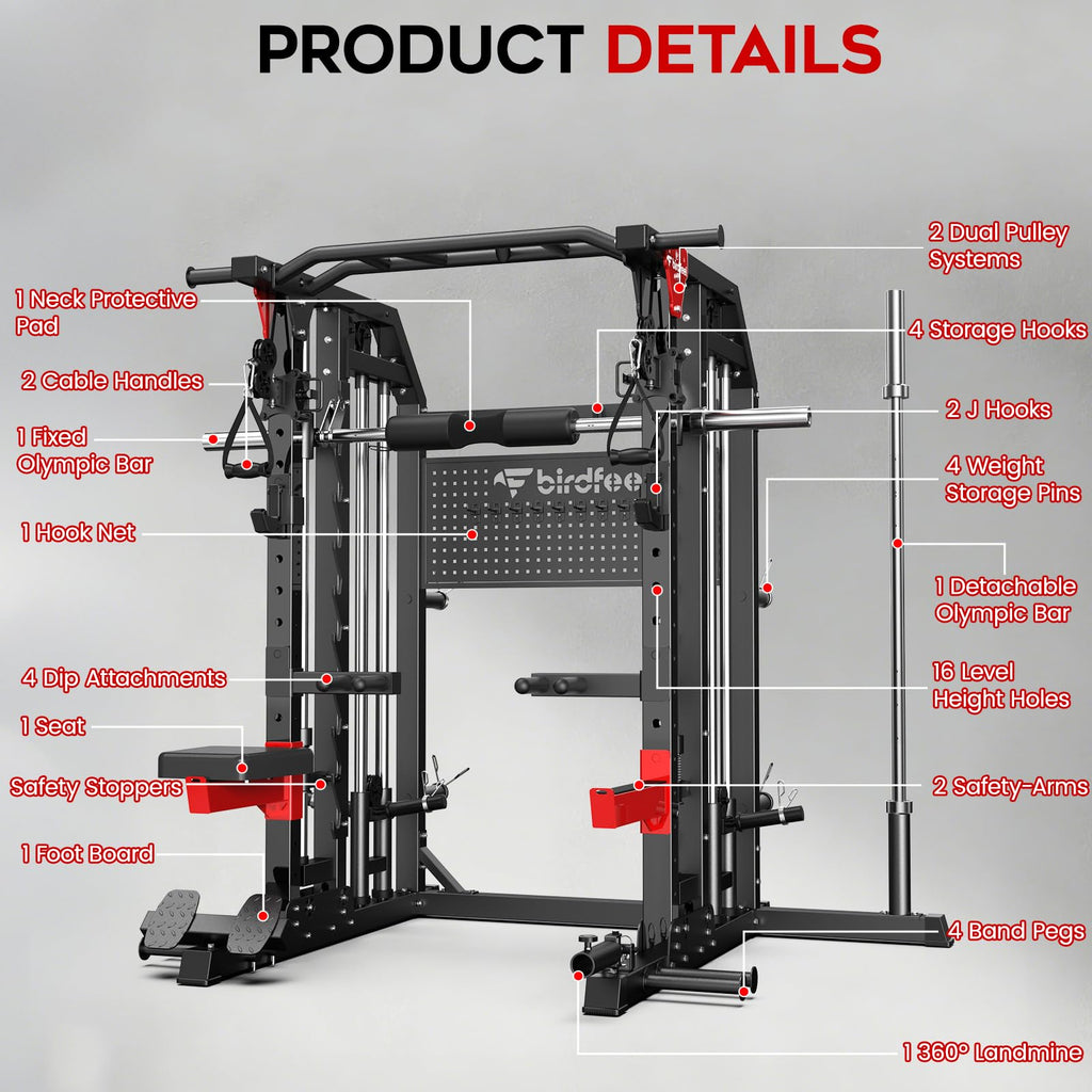 Multi-Function 2000LB Smith Machine Power Cage, Home Gym Squat Rack Featuring LAT Pulldown, Dual Pulley Cable Crossover, Gym-Quality Power Rack with Strength Training Attachments, Pegboard