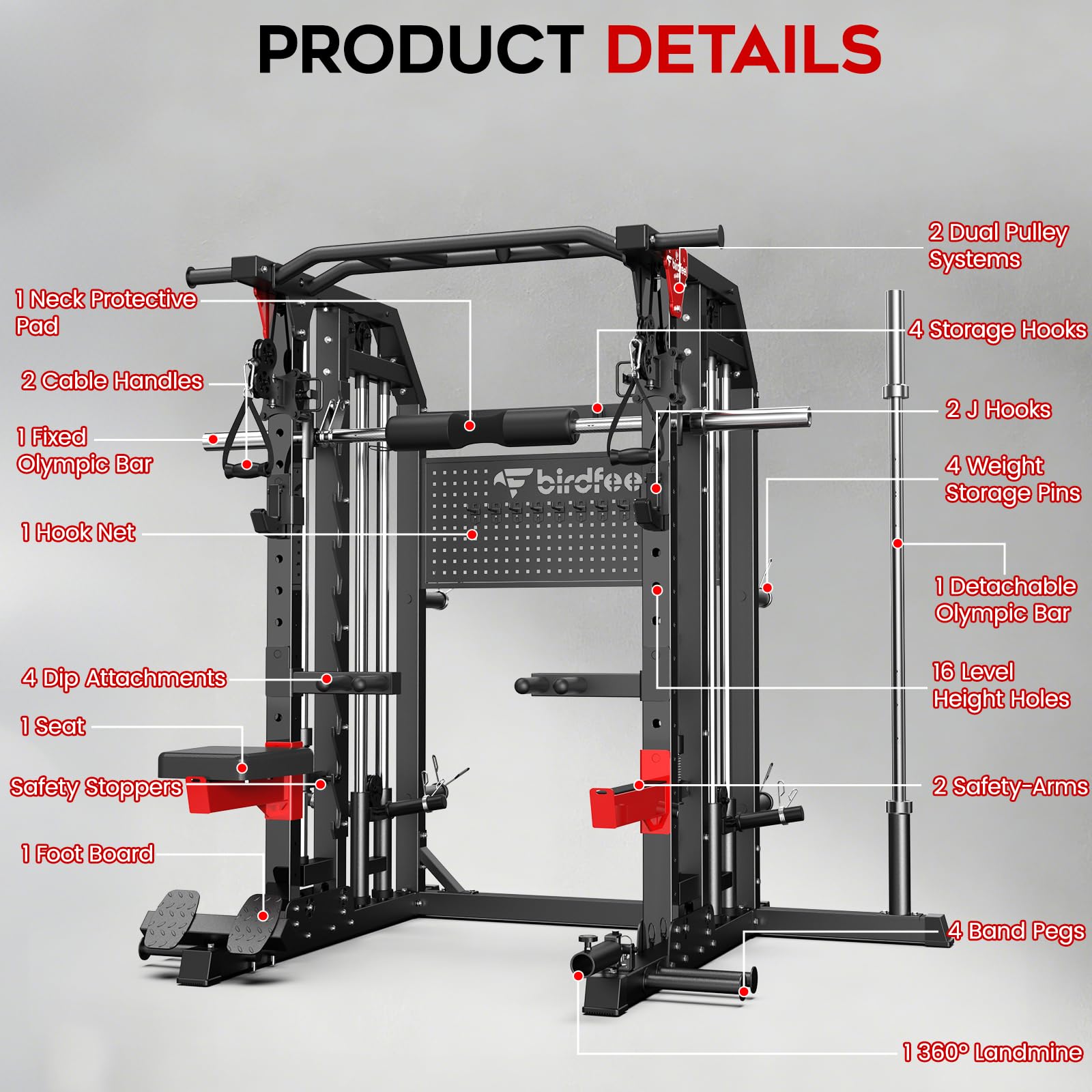 Multi-Function 2000LB Smith Machine Power Cage, Home Gym Squat Rack Featuring LAT Pulldown, Dual Pulley Cable Crossover, Gym-Quality Power Rack with Strength Training Attachments, Pegboard