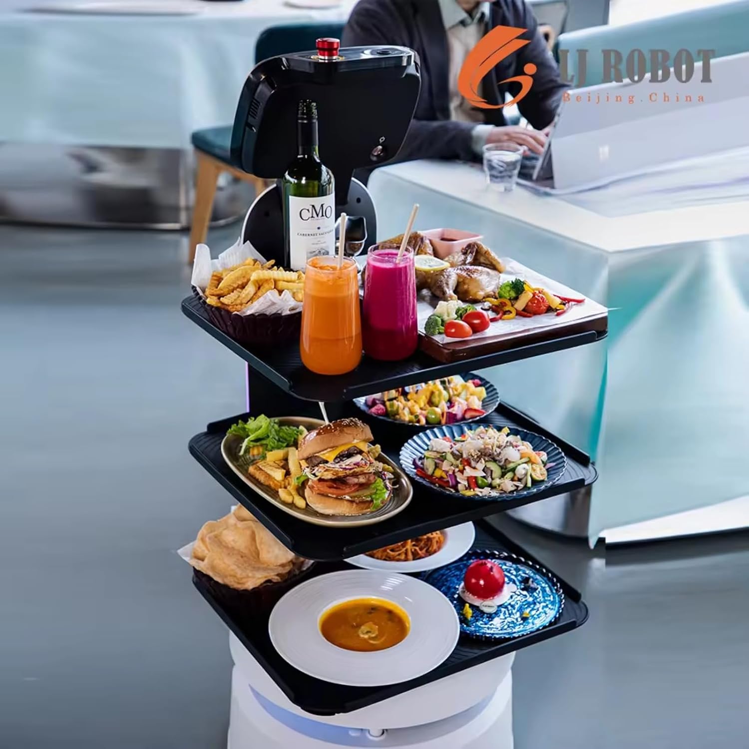 Food Delivery Robot Cart with Greeting Guidance, Service Robot Cart for Hotel Restaurant, Multi-Function Delivery & 3D Obstacle Avoidance for Catering