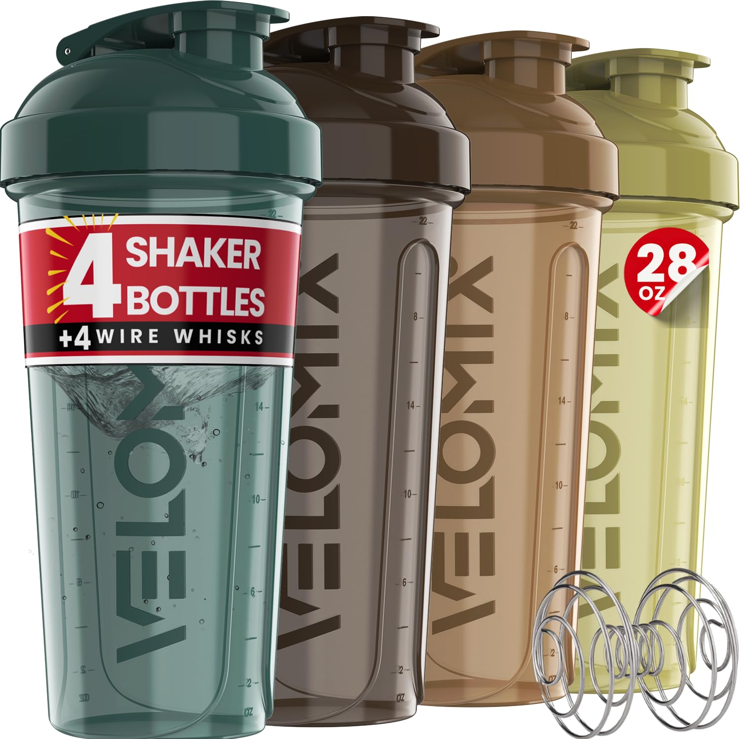 VELOMIX -4 PACK- 28 oz Protein Shaker Bottle for Protein Mixes - 4x Wire Whisk | Leak Proof Shaker Cups for Protein Shakes | Protein Shaker Bottle Pack | Protein Shake Cup (NeoCool Pack)