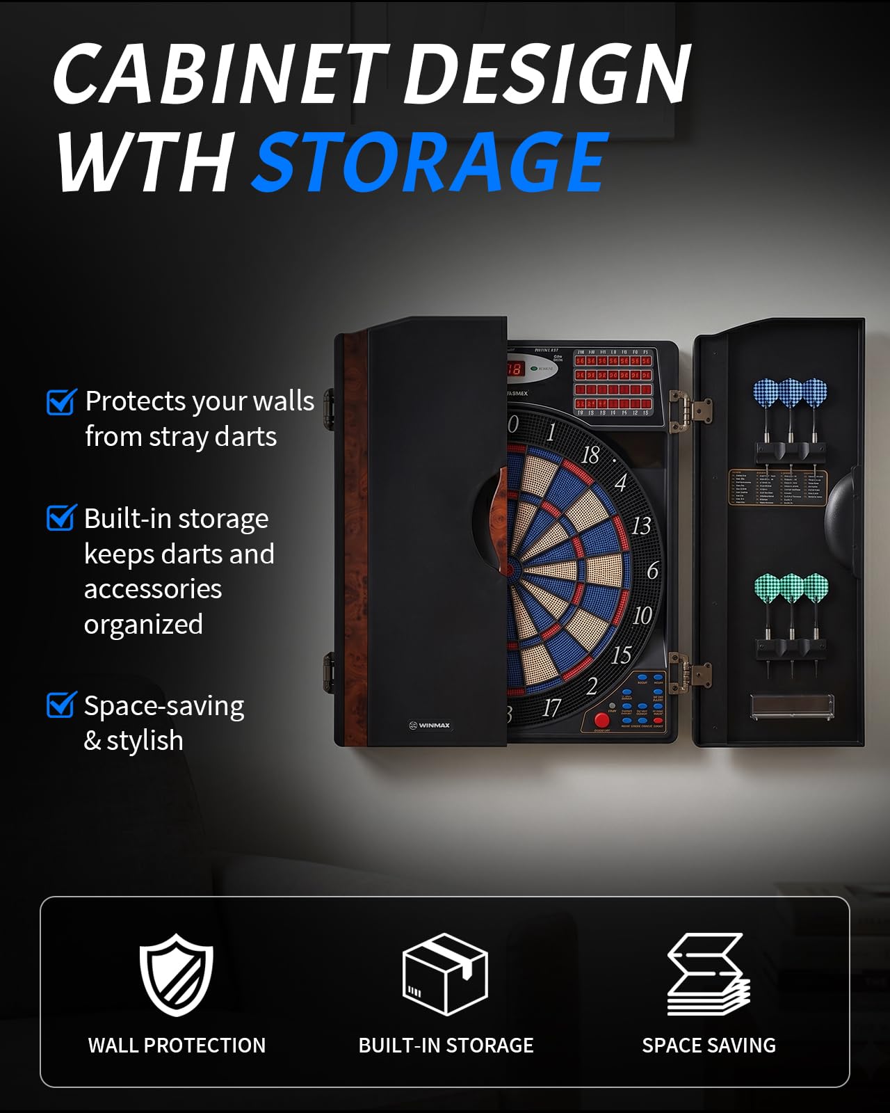 WIN.MAX Electronic Dart Board, Soft Tip Dartboard Cabinet Set for Adults, LED Scoring Dartboard with 38 Games & 211 Variants, Up to 16 Players, 12 Darts+40 Tips, Wall Mount for Bar Game Room Man Cave