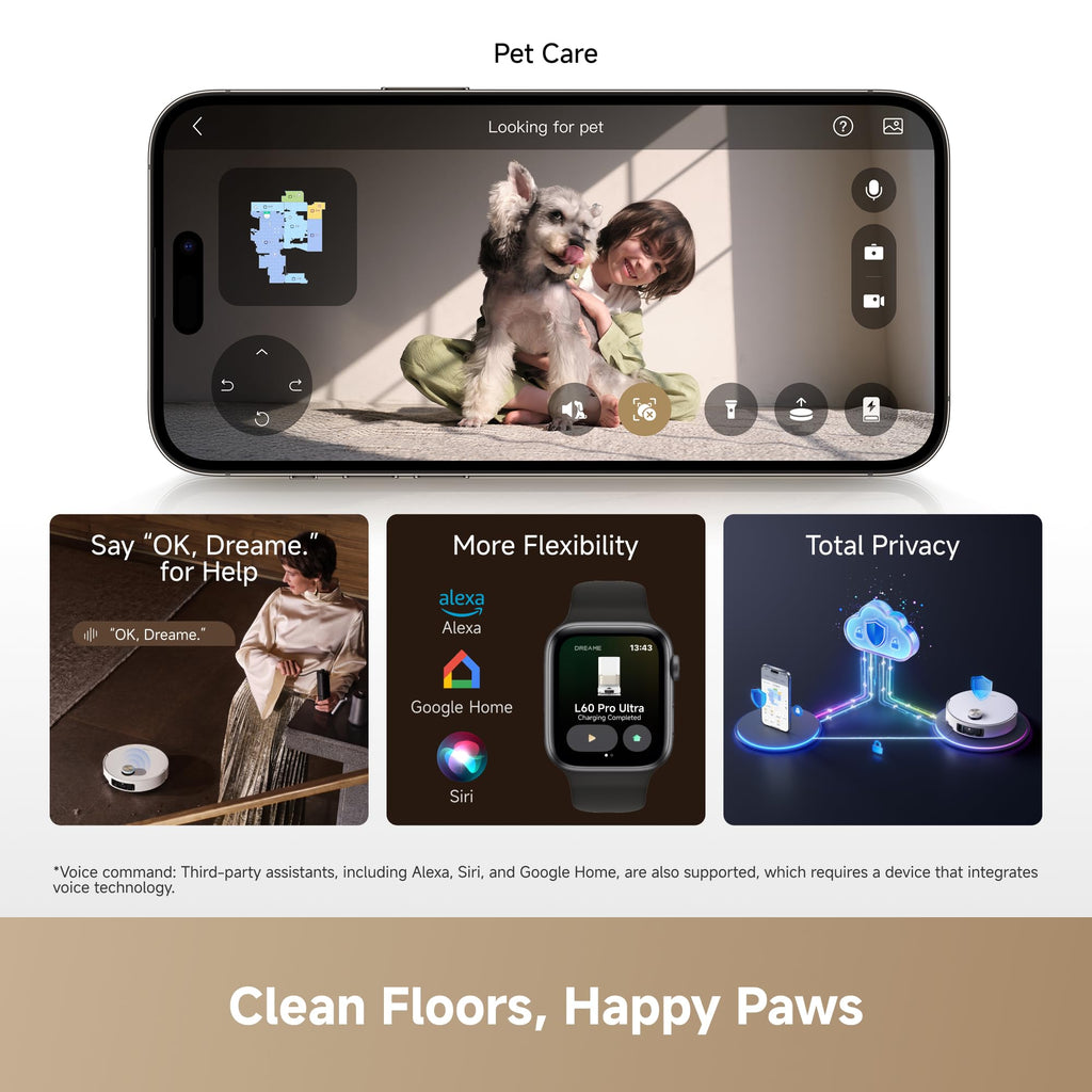 DREAME L60 Ultra Robot Vacuum and Mop, 35,000Pa Suction, Detangling Brush, AI-Enhanced 3D ToF Vision, 100℃ Mop Self-Cleaning, 280+ Object Types, Extendable Side Brush and Mop, White