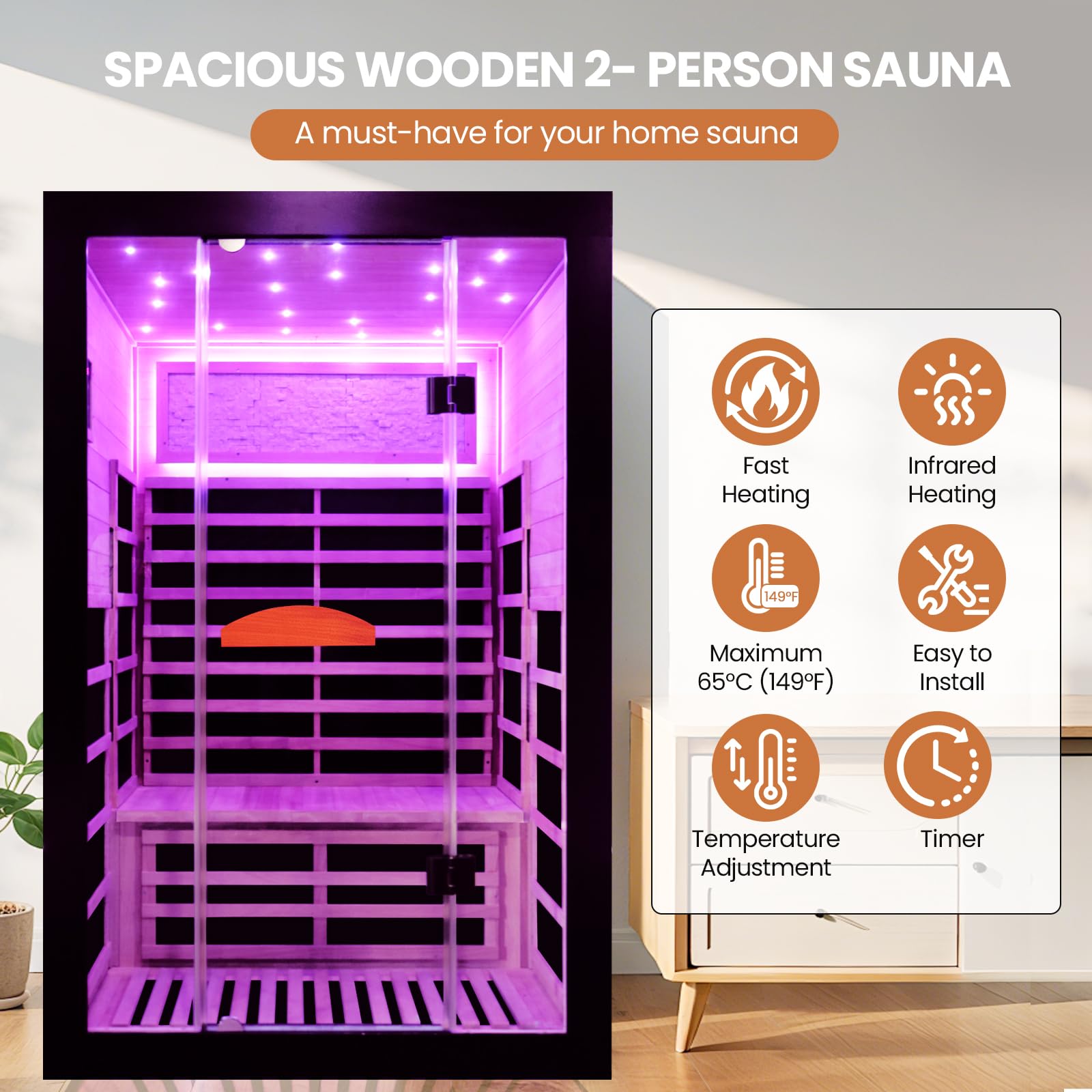 2 Person Infrared Sauna Far Infrared Sauna Room for Home Indoor 2000W Low-EMF Wood Dry Sauna with Full Starry Sky Lights Ceiling in 7 Color Speaker Fast Heating Easy Assembly- 47.3*41.3*74.8 IN