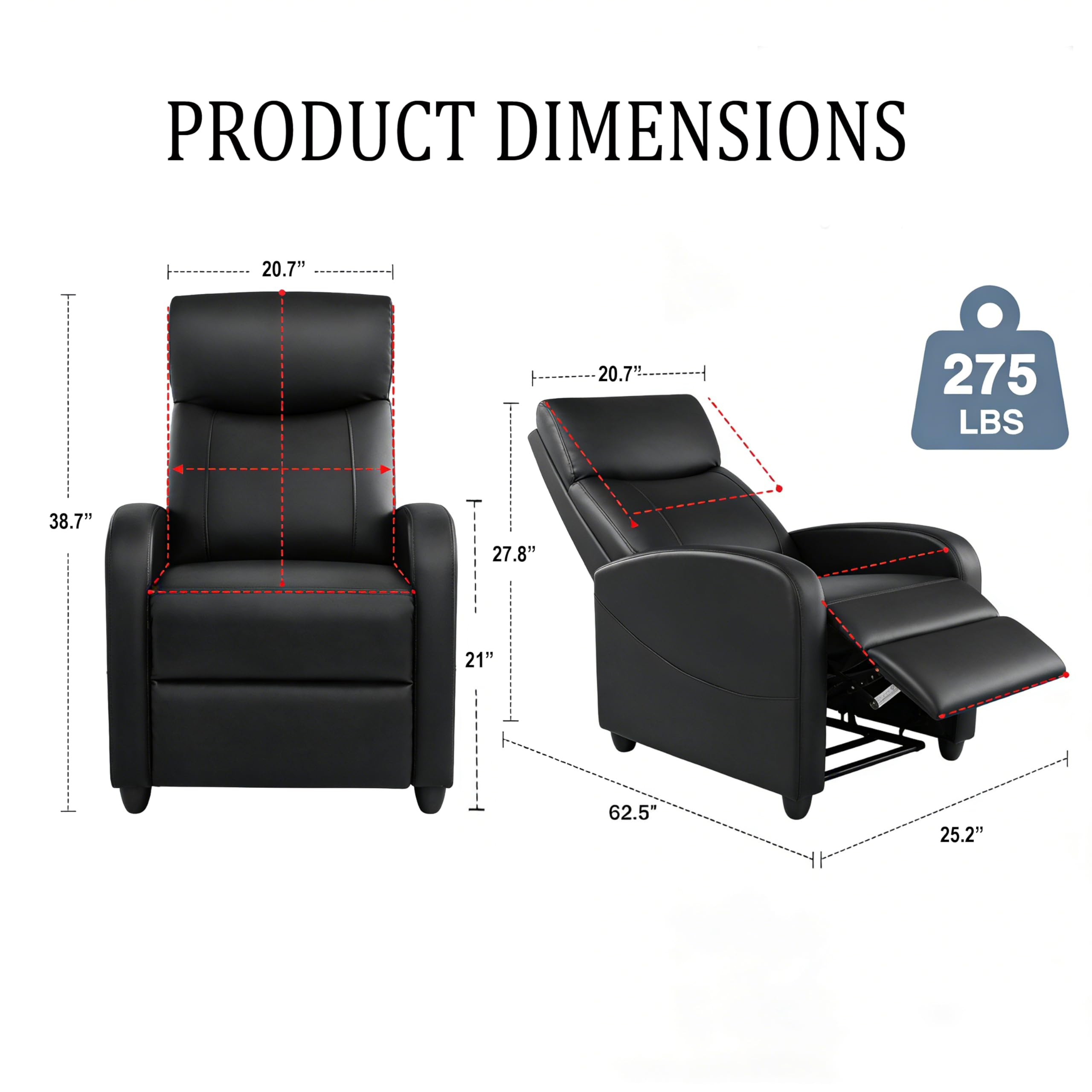 Simple Deluxe Massage Recliner Chair - Adjustable PU Leather Recliner, Luxe Reading Chair & Sofa Chair for Living Room Chairs or Bedroom Chair, Small Recliner for Home Theater, Black