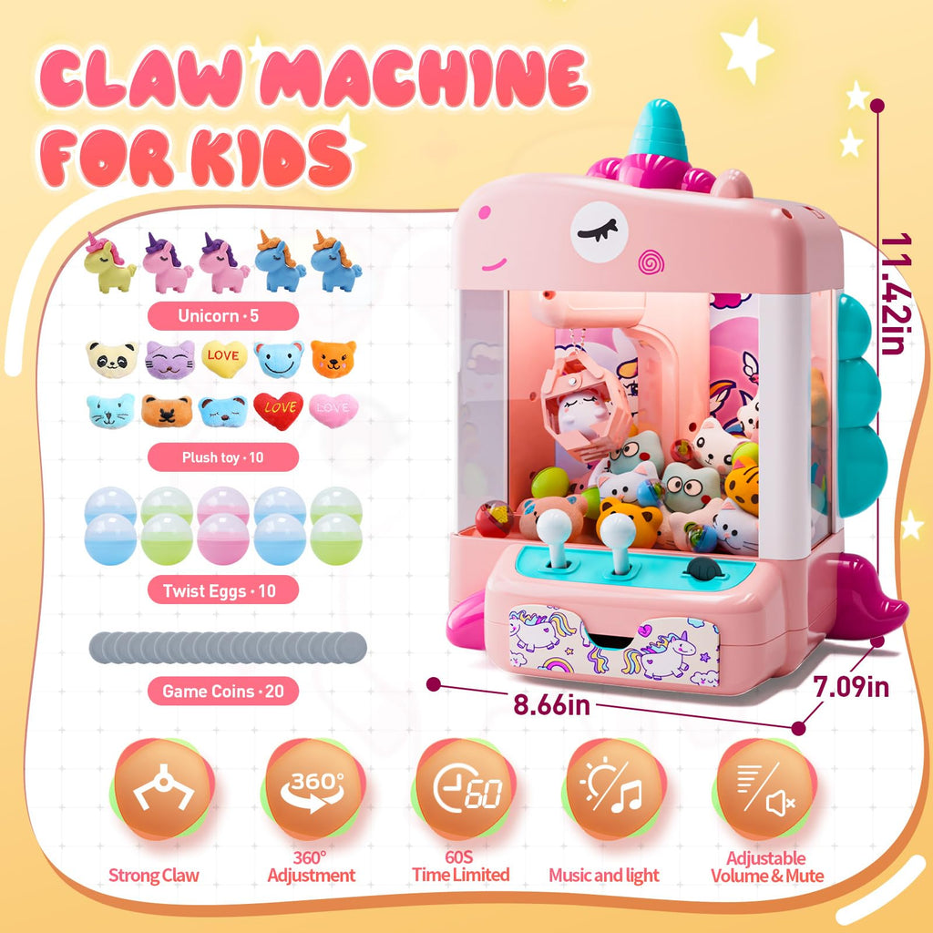 Skirfy Claws Machines for Kids Age 6+, Mini Vending Machines Girls Unicorns Toys with Sound & 20 Mini Plush Toys,Arcades Game Indoor Toy for Home Party Birthday
