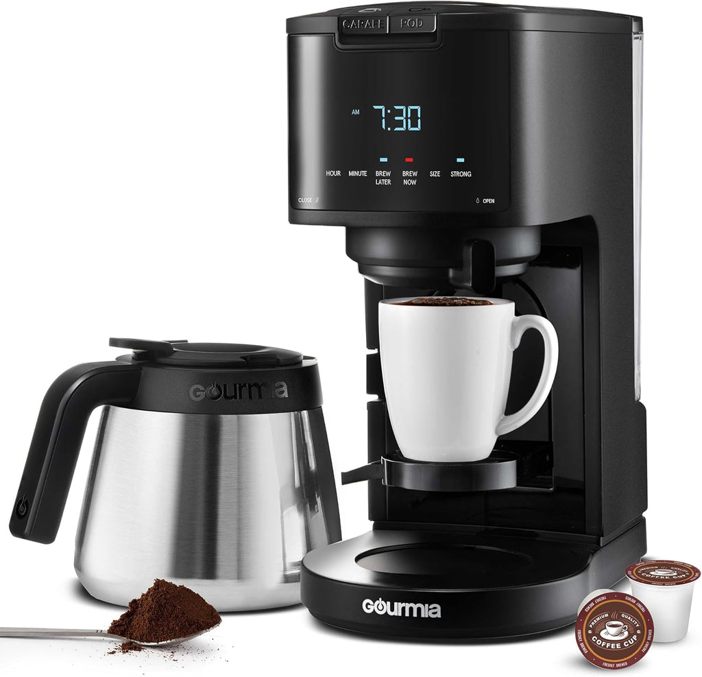 Gourmia 2-in-1 Single Serve and 12 Cup Coffee Maker - Drip Brew, K-Cup Compatible, Programmable, Pause and Serve, Removable Filter, Thermal Carafe, Black