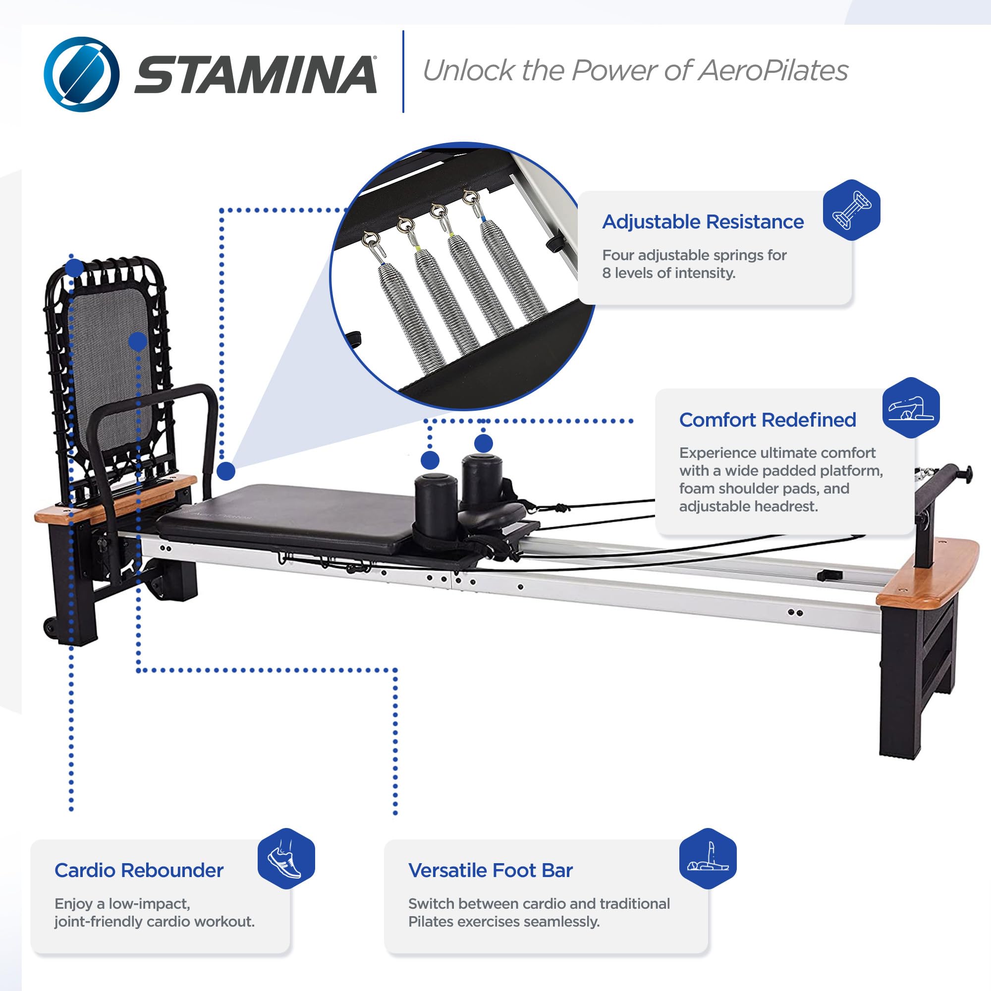 Stamina Products AeroPilates Board Reformer with Oak Wood Base – Studio Grade for Home Use with Cardio Rebounder, Adjustable Foot Bar, 4 Resistance Springs, and Workout DVD