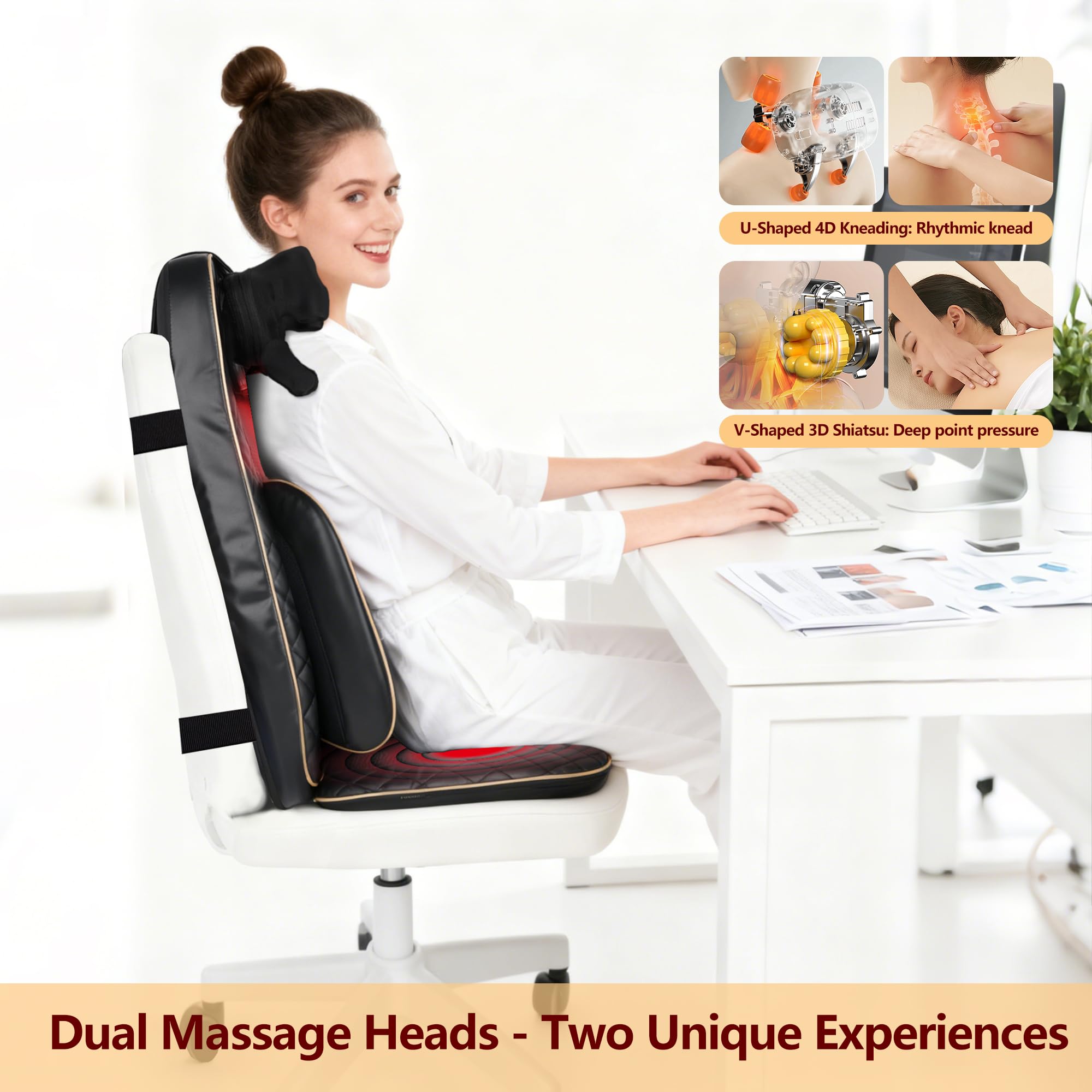 Neck and Back Massager with Heat, Shiatsu Full Back Chair Massager with 2 Detachable Neck Massage Heads, Height Adjustable Deep Kneading & Rolling Back Massage, Seat Vibration for Home Office Gifts