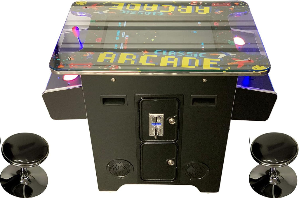 TOP US VIDEO ARCADES Full Size Commercial Grade Cocktail Arcade Machine 2 Player Upgraded Trackballs 412 Games 22" LCD Screen Tempered Glass 2 Stools Included 5 Year Warranty Black