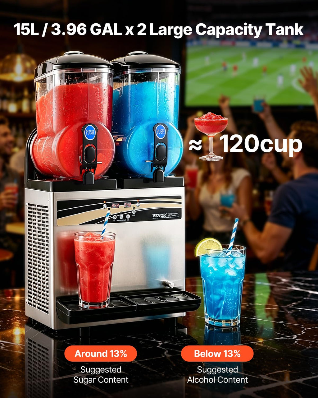VEVOR Slushie Machine, 15L Single Tank Commercial Margarita Machine, 60 Cups Stainless Steel Margarita Smoothie Frozen Drink Machine, Slushy Machine for Home Party Restaurants Cafe Bars