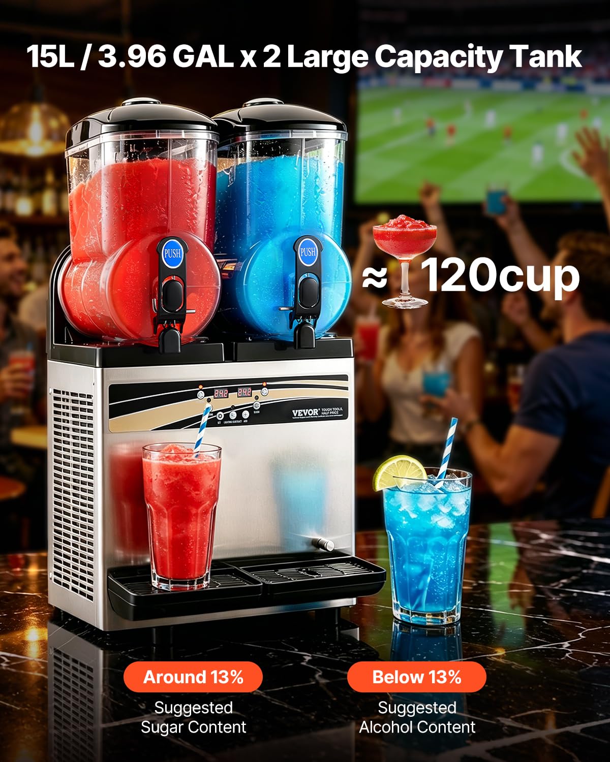 VEVOR Slushie Machine, 15L Single Tank Commercial Margarita Machine, 60 Cups Stainless Steel Margarita Smoothie Frozen Drink Machine, Slushy Machine for Home Party Restaurants Cafe Bars