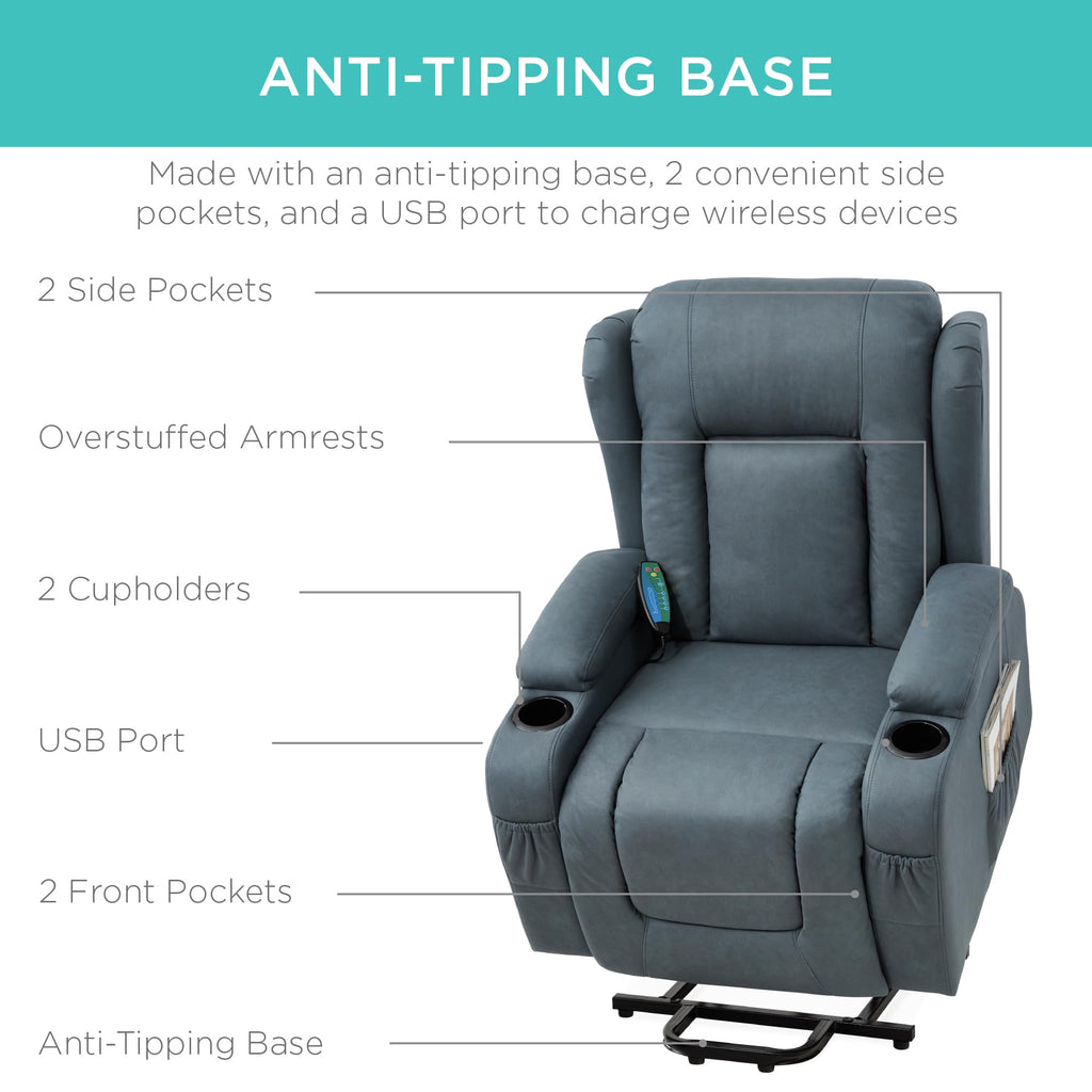 Best Choice Products PU Leather Electric Power Lift Chair, Recliner Massage Chair, Adjustable Furniture for Back, Legs w/ 3 Positions, USB Port, Heat, Cupholders, Easy-to-Reach Side Button - Olive