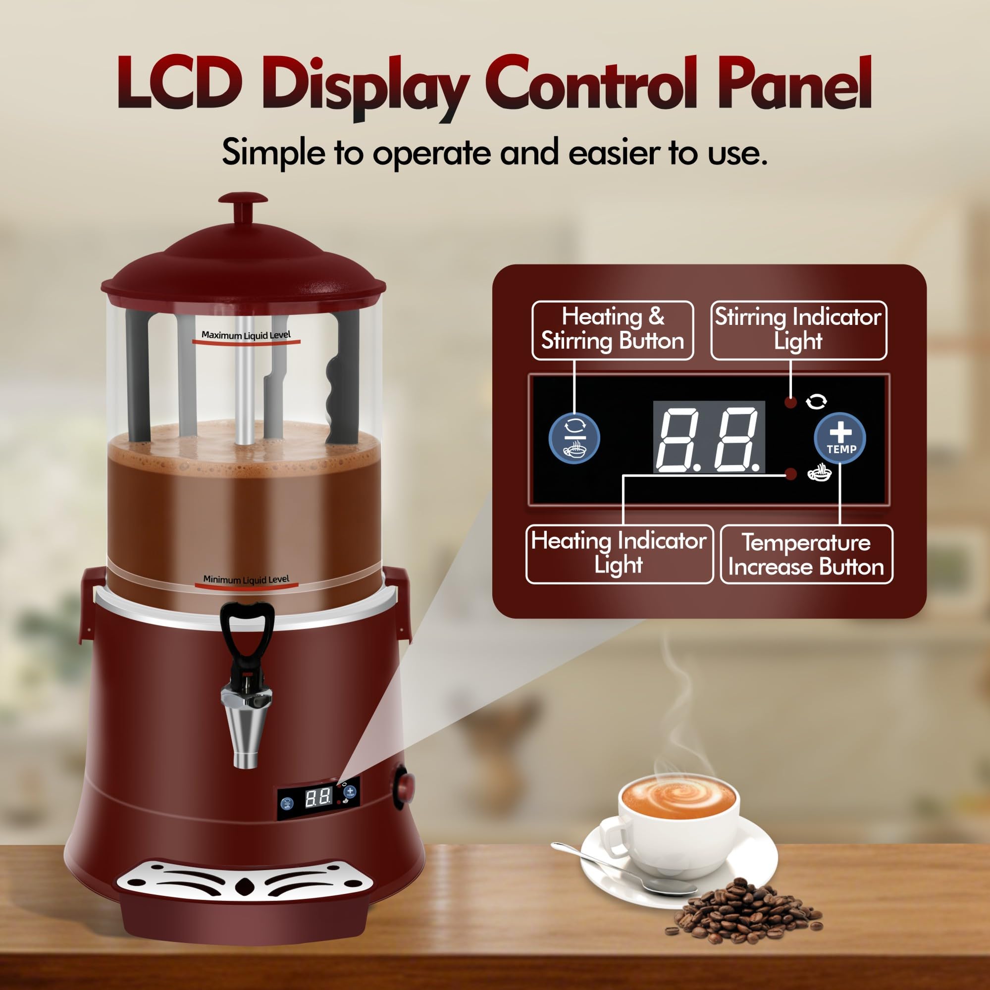 Commercial Hot Chocolate Machine - 10L/2.6Gal Hot Chocolate Maker, Electric Hot Drink Dispenser, 86-194°F Temperature Control Hot Beverage Maker for Cocoa, Milk, Coffee, Juice - Black