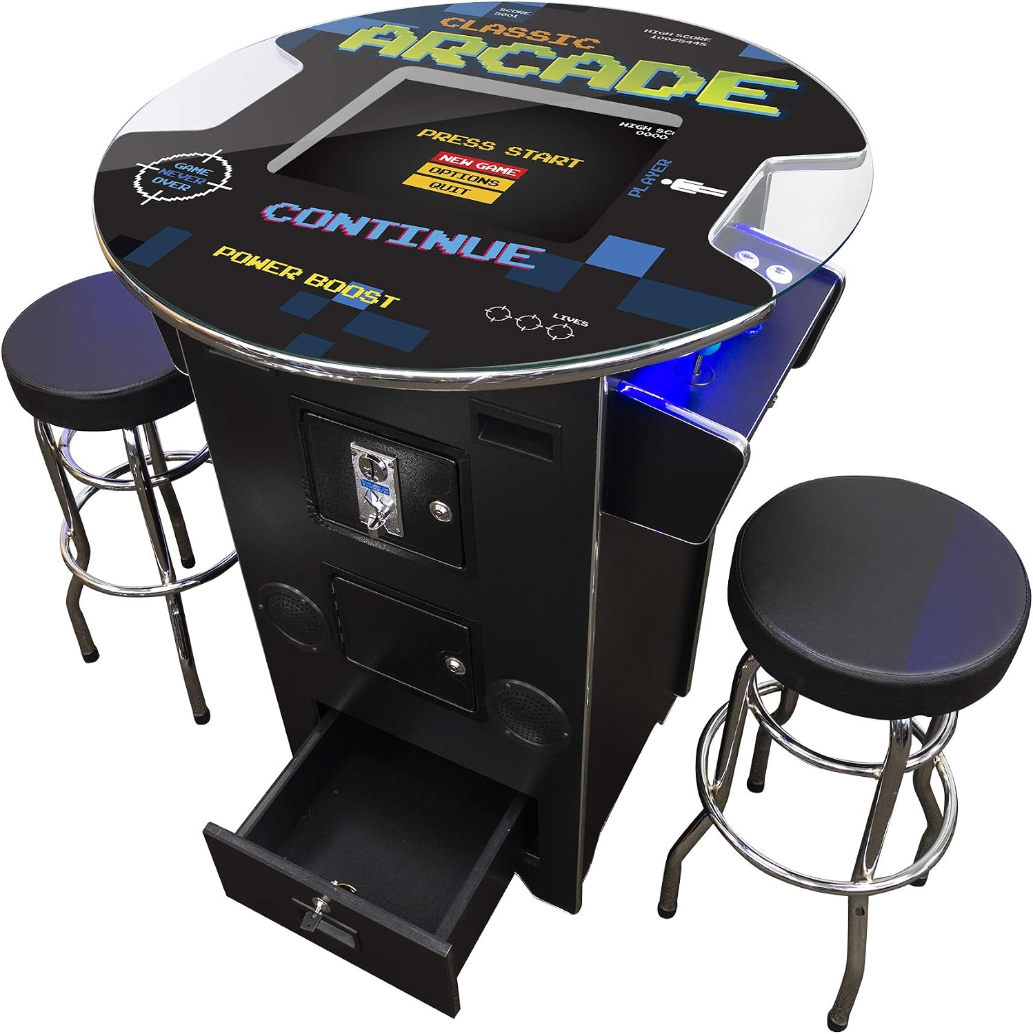 Creative Outdoor Distributor Full Size Commercial Grade Pub Arcade Machine, 2 Player, 412 Games, 22 LCD Screen, Round Glass Top, 2 Sanwa Joysticks, 2 Stools Included