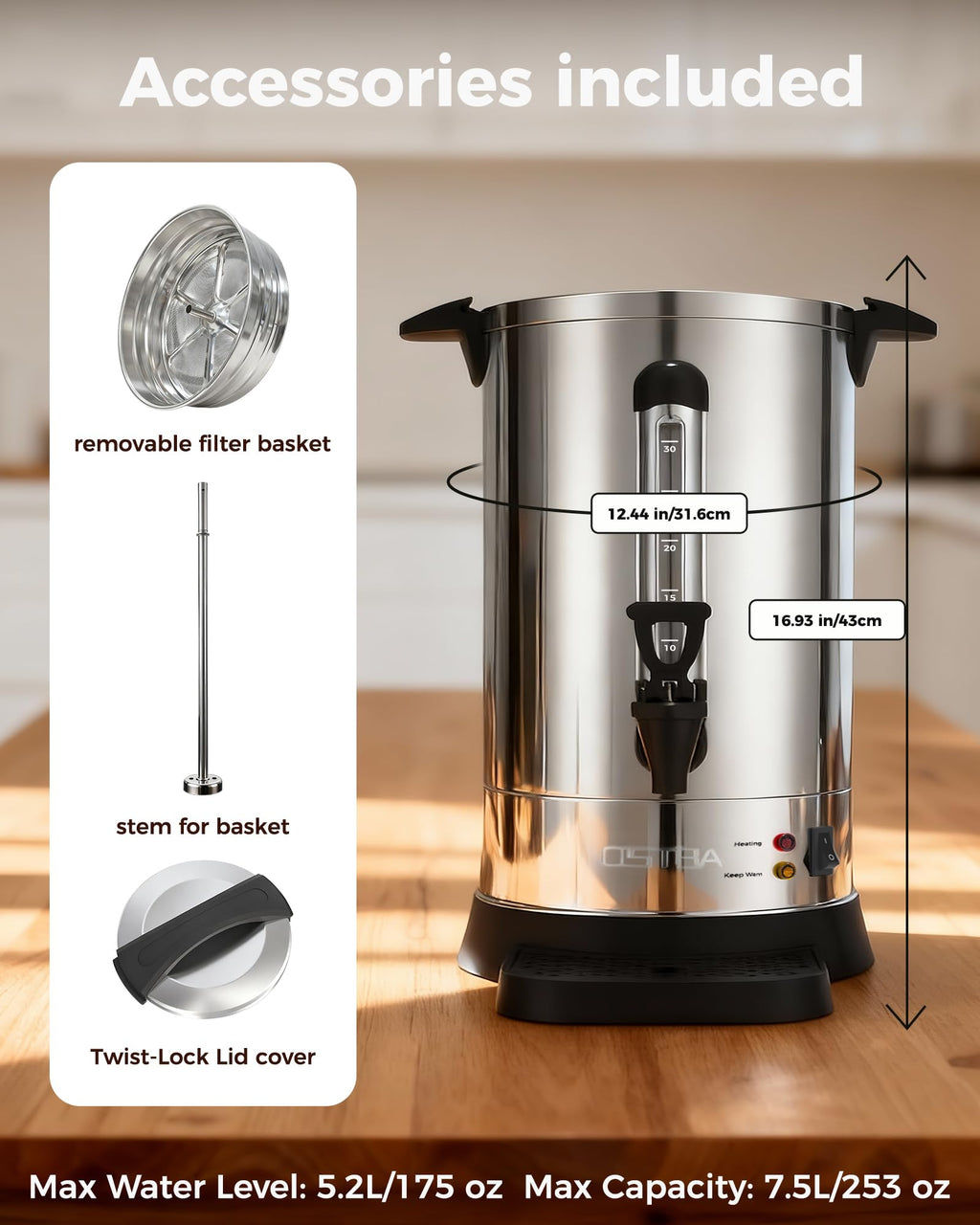 OSTBA 1500W Commercial Coffee Urn 100 Cup / 15L Large Percolator Coffee Pot, Double-Wall 304 Stainless Steel Hot Water Dispenser, Fast Brewing Electric Coffee Maker for Catering, Parties, Offices