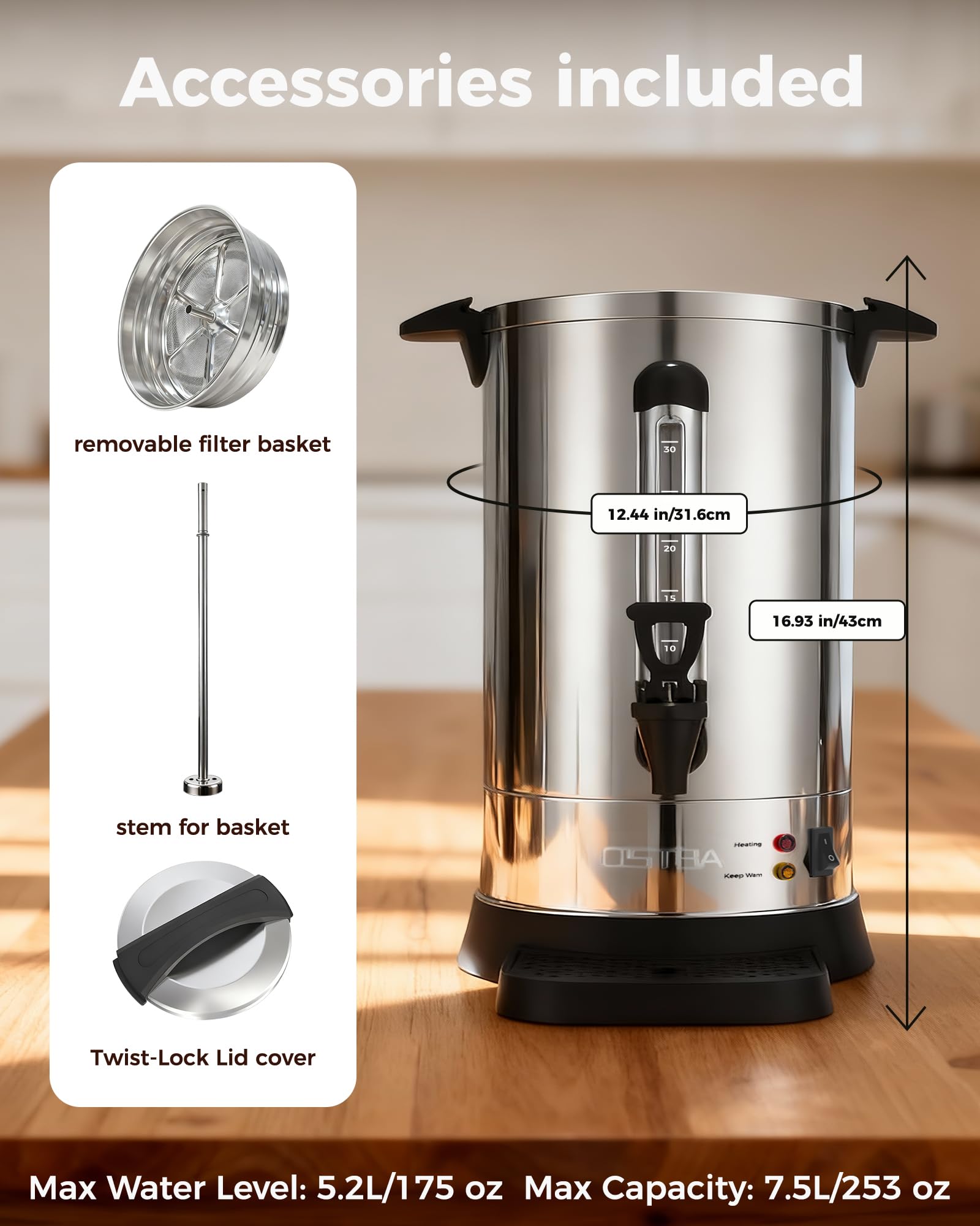 OSTBA 1500W Commercial Coffee Urn 100 Cup / 15L Large Percolator Coffee Pot, Double-Wall 304 Stainless Steel Hot Water Dispenser, Fast Brewing Electric Coffee Maker for Catering, Parties, Offices