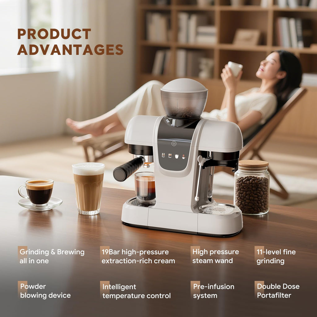 20 Bar Espresso Machine with Grinder & Steam Wand - Semi Automatic Coffee Maker, NTC Intelligent Temp Control, 58mm Stainless Steel Portafilter, One-Touch Panel for Home Barista (BLACK)