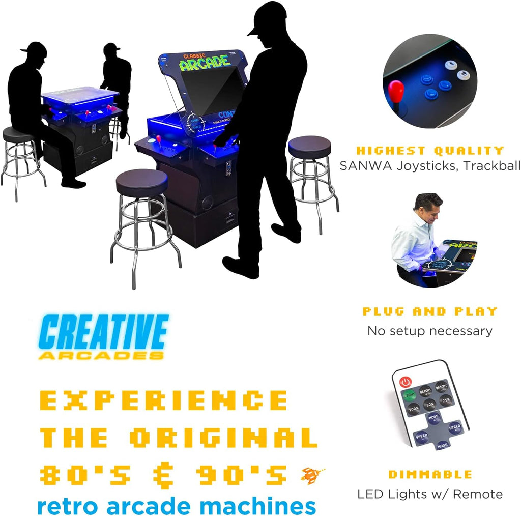 Creative Arcades Full Size Commercial Grade Cocktail Arcade Machine w/Riser | 2 Player | 1162 Games | 26" LCD Lifting Screen | LED | 4 Sanwa Joysticks | Trackball | 2 Stools | 3 Year Warranty