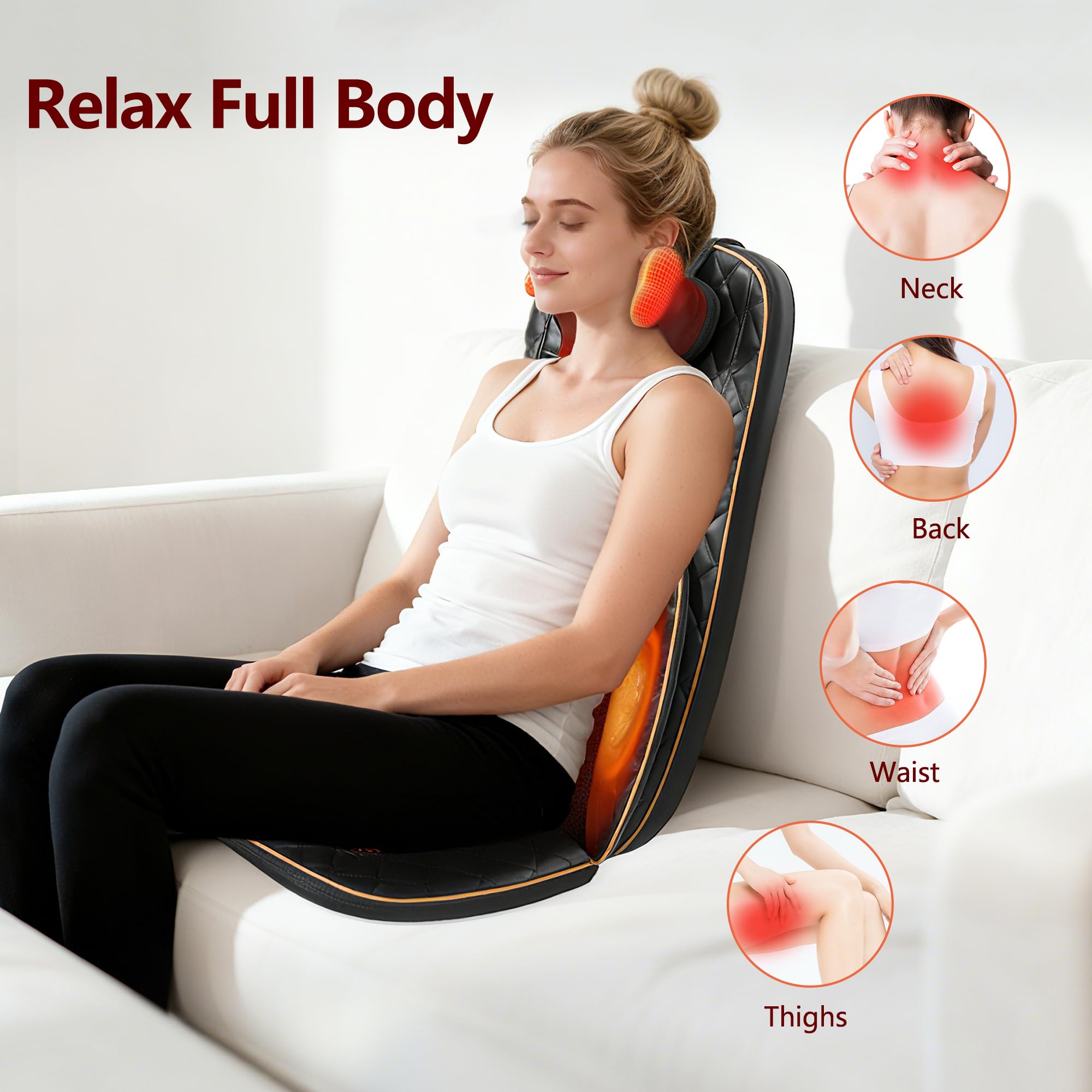 Neck and Back Massager with Heat, Shiatsu Full Back Chair Massager with 2 Detachable Neck Massage Heads, Height Adjustable Deep Kneading & Rolling Back Massage, Seat Vibration for Home Office Gifts
