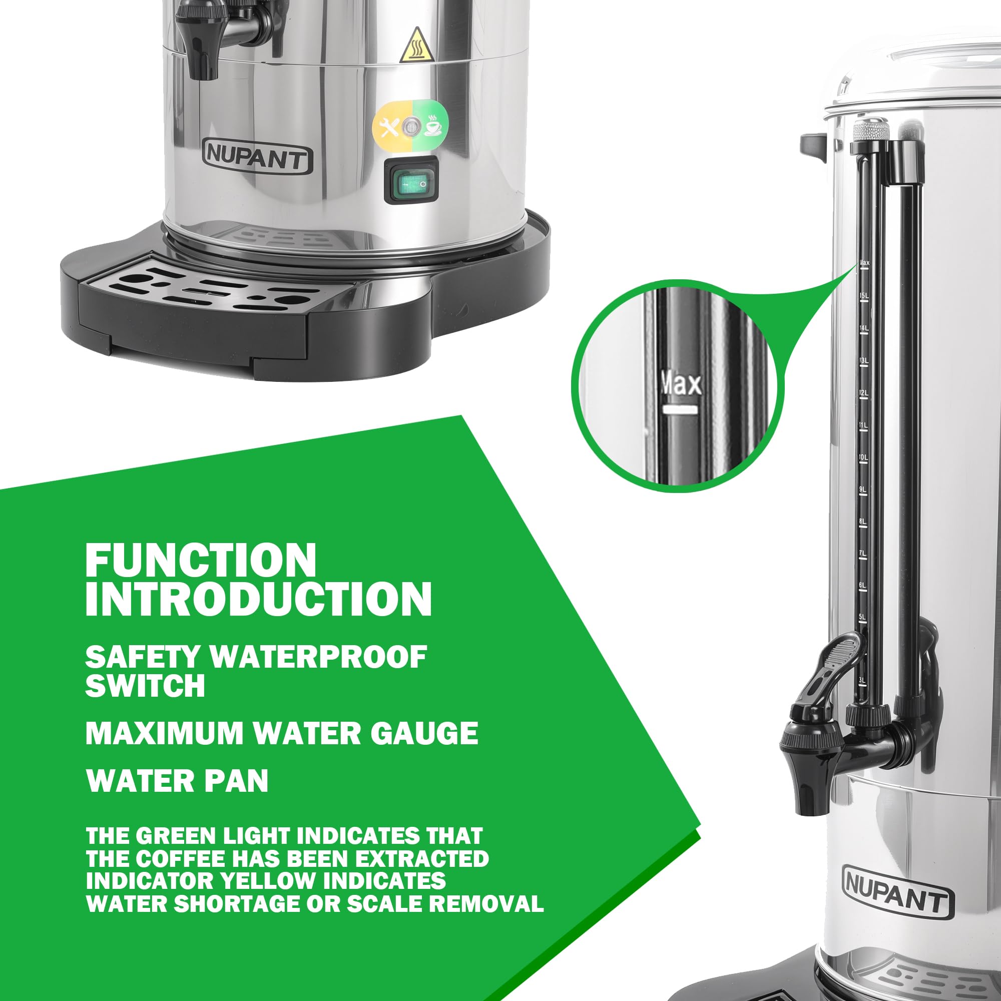 NUPANT Commercial Coffee Urn 100 Cup/15L Coffee Dispenser with Upgraded Percolator, Double Wall 304 Stainless Steel Hot Water Urn Beverage Dispenser, Keep Warm Large Coffee Maker for Catering Party