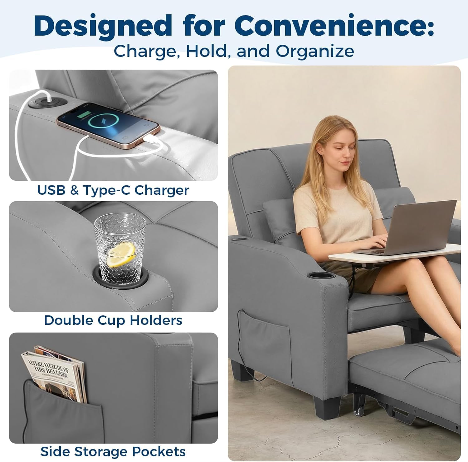 Sleeper Chair Pull Out Bed, 4 in 1 Convertible Sofa Chair Bed with Vibration Massage Lumbar Pillow, Single Sofa Recliner with USB/Type-C Port, Cup Holders and Side Pocket for Small Spaces (Brown)