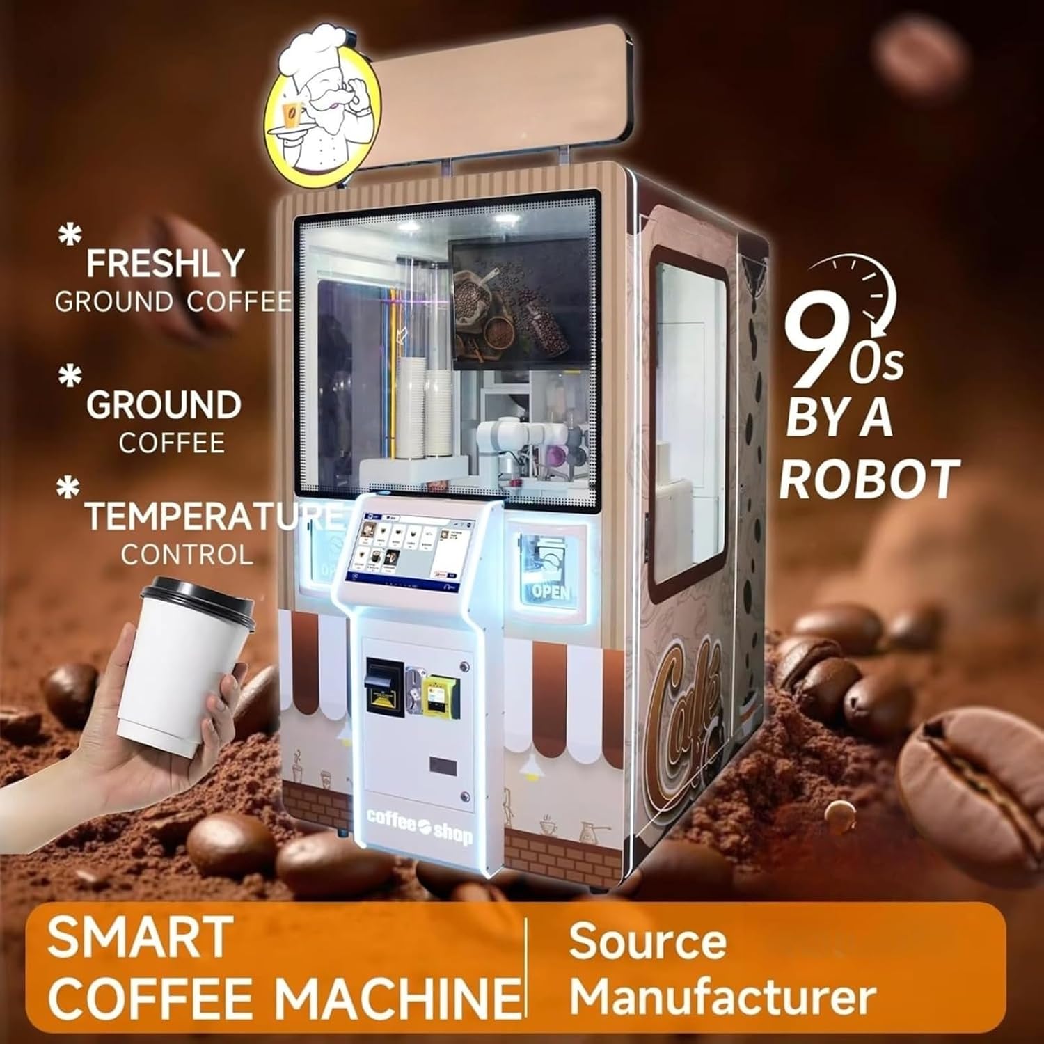 Self Service Coffee Vending Machine Intelligent Bean-to-Cup Hot Drink Kiosk Compact Free-Standing Coffee Dispenser for Small Offices, Retail Stores & Campus Users