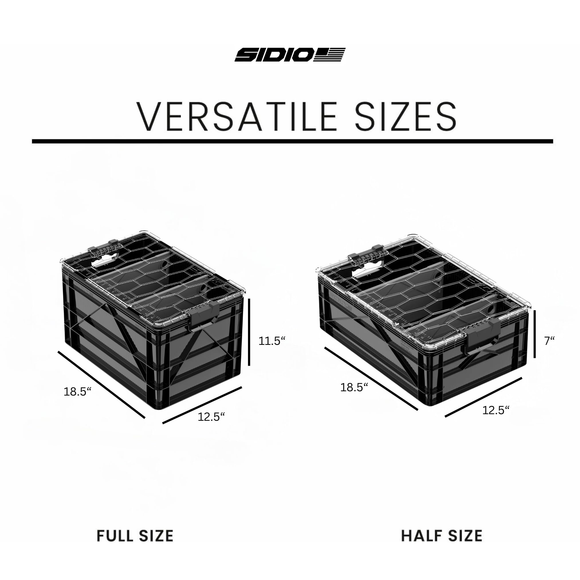 SIDIO CRATE Starter Pack - Two Full Size and One Half Size SidioCrate, Stackable Outdoor Organizer Storage Bins with Clear Lid and Dividers - Tan