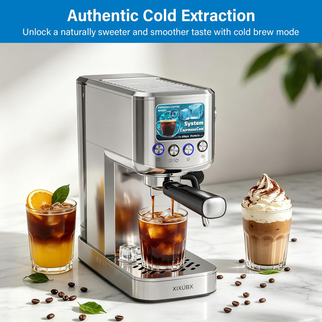 XIXUBX 20 Bar Espresso & Cold Brew Coffee Maker with Milk Frother, 42oz Removable Tank, Stainless Steel, Perfect for Cappuccino, Latte, Home & Office, Silver