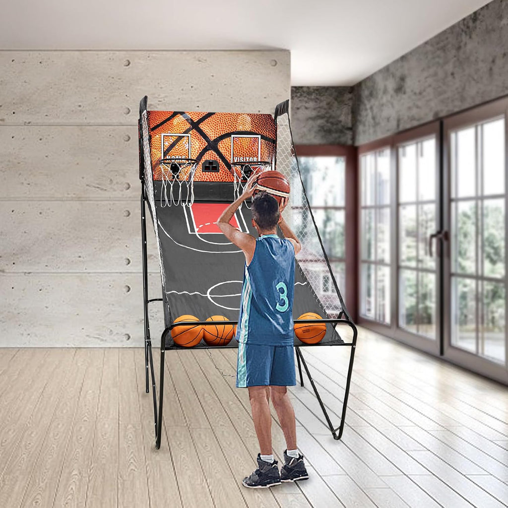 Dual Shot Basketball Arcade Game, Foldable Electronic Basketball Machine with LED Scorer and Timer, 8 Modes 2-Player Includes 5 Balls for Family Game Room Basement