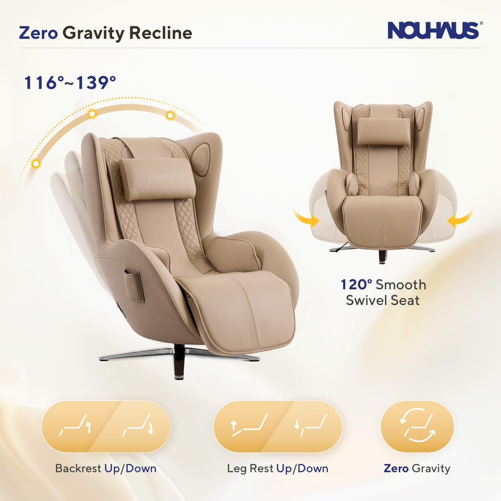 Nouhaus Aurora Massage Chair Full Body, Zero Gravity Genuine Leather Massage Chairs w/Airbags, Heating, Auto Modes, Bluetooth Speaker, Modern 4D Massage Chair Recliner for Living Room (Elder White)