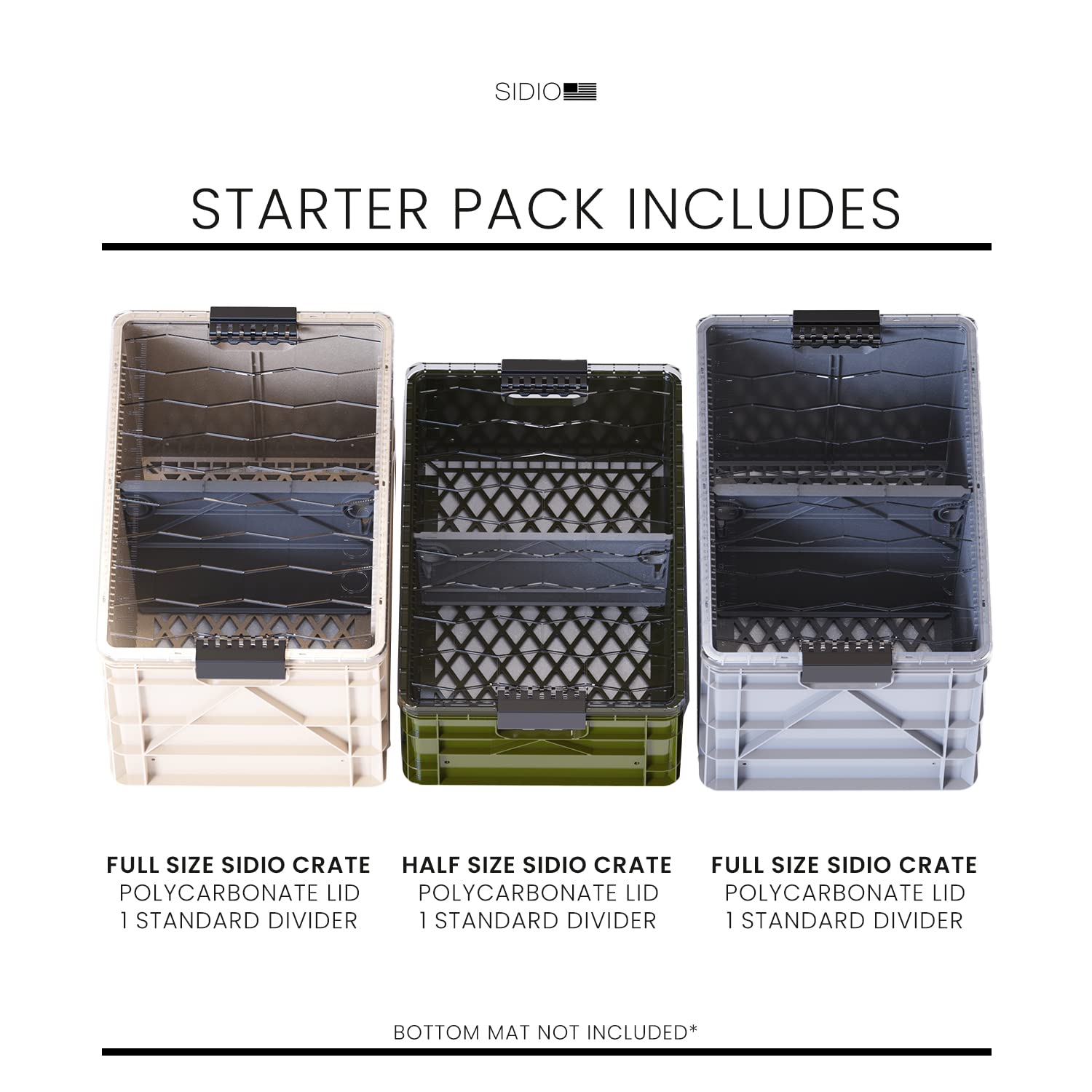 SIDIO CRATE Starter Pack - Two Full Size and One Half Size SidioCrate, Stackable Outdoor Organizer Storage Bins with Clear Lid and Dividers - Tan