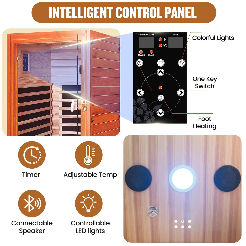 2 Person Infrared Sauna Far Infrared Sauna Room for Home Indoor 2000W Low-EMF Wood Dry Sauna with Full Starry Sky Lights Ceiling in 7 Color Speaker Fast Heating Easy Assembly- 47.3*41.3*74.8 IN