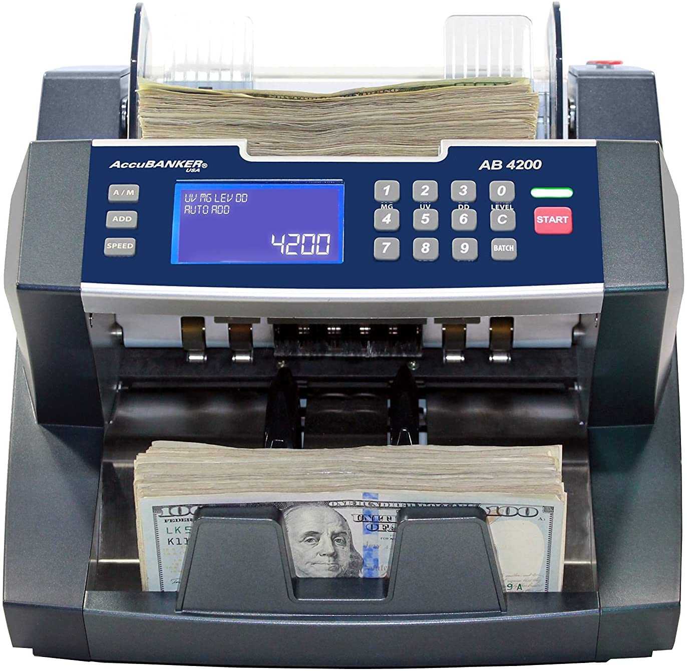 AccuBANKER AB4200MGUV Bill Counter Machine, 300 Bills Hopper Capacity Variable Counting Speeds up to 1,800 Bills/Min with 3-Point Counterfeit Detector Magnetic Ultraviolet, Commercial Grade, UL & CE