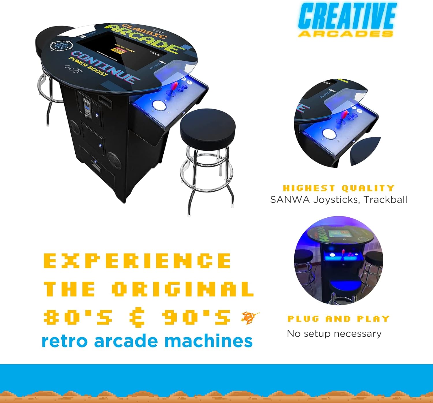 Creative Outdoor Distributor Full Size Commercial Grade Pub Arcade Machine, 2 Player, 412 Games, 22 LCD Screen, Round Glass Top, 2 Sanwa Joysticks, 2 Stools Included