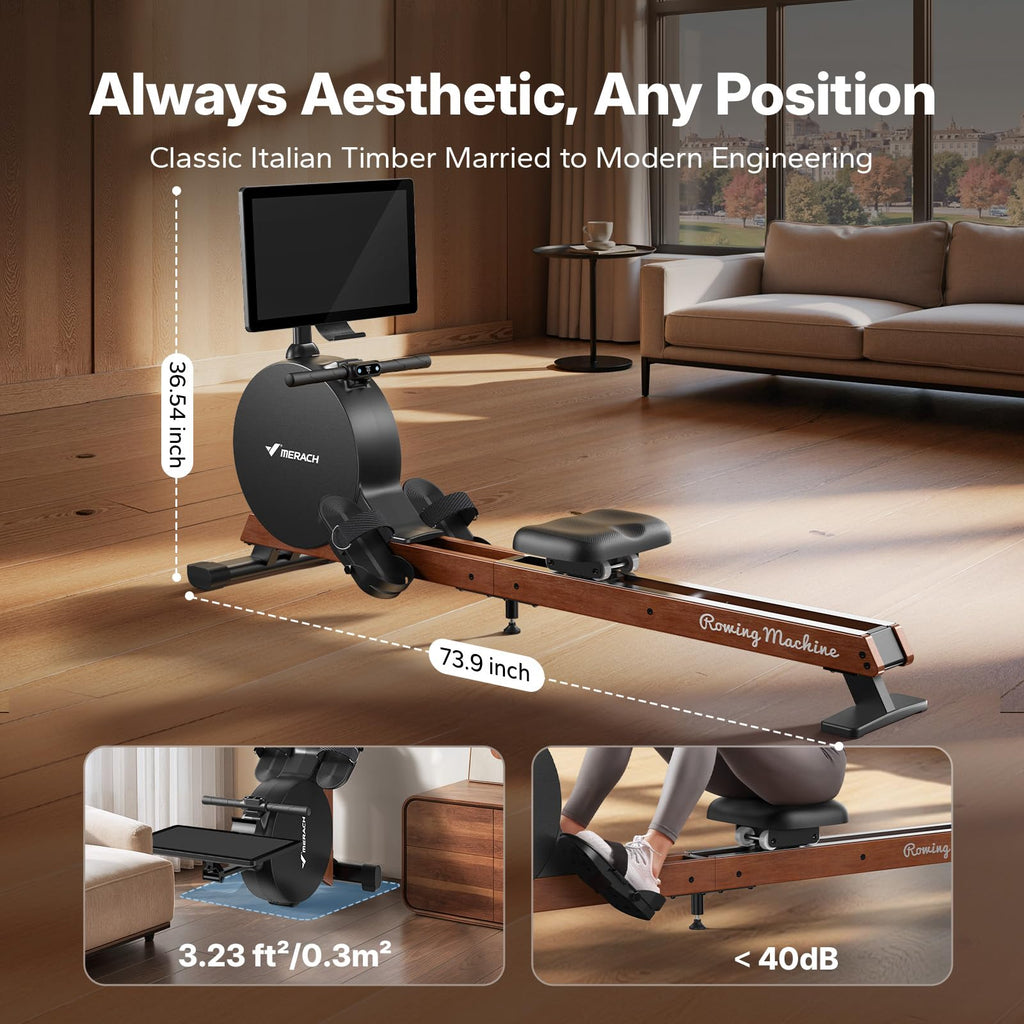 MERACH Pro-Grade Rowing Machines for Home, Smart Magnetic Rowing Machine with Self-Generation, Double Resistance and 400 LBS MAX Load, Wooden Tracks for Silent Sliding, MERACH App 1000+ Course & Games