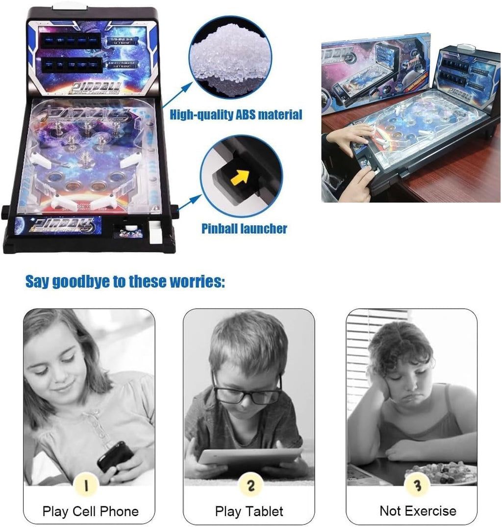 Electronic Tabletop Pinball Game - Retro Arcade Machine with Lights, Sounds and Scoreboard, Desktop Ball Shooting Toy, for Family Kids