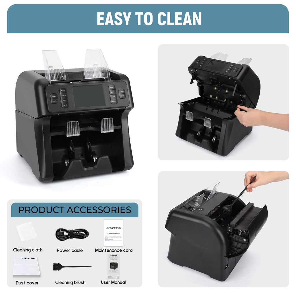 NUCOUN Mixed Denomination Money Counter Machine,Mixed Value Bill Counter and Sorter,with Reject Pocket,Multi Currency Note Counter,Counterfeit Detection 2 CIS/UV/MG/IR,4 inch Touch Screen,SN Record