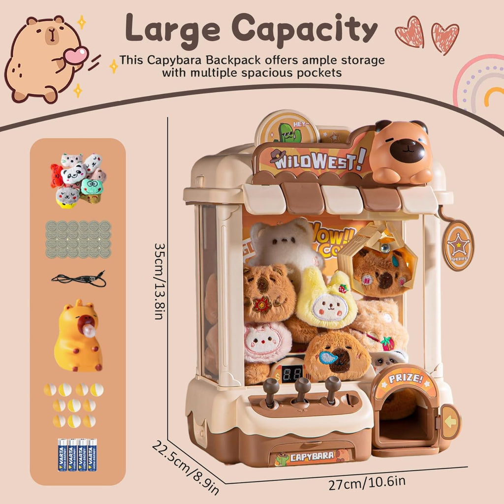Toy Claw Machine for Kids, Cute Capybara Mini Vending Machine Dual Powered with 10 Dolls, 10 Eggs & 24 Coin for Christmas Birthday Party Favors, Utilisation IntéRieure