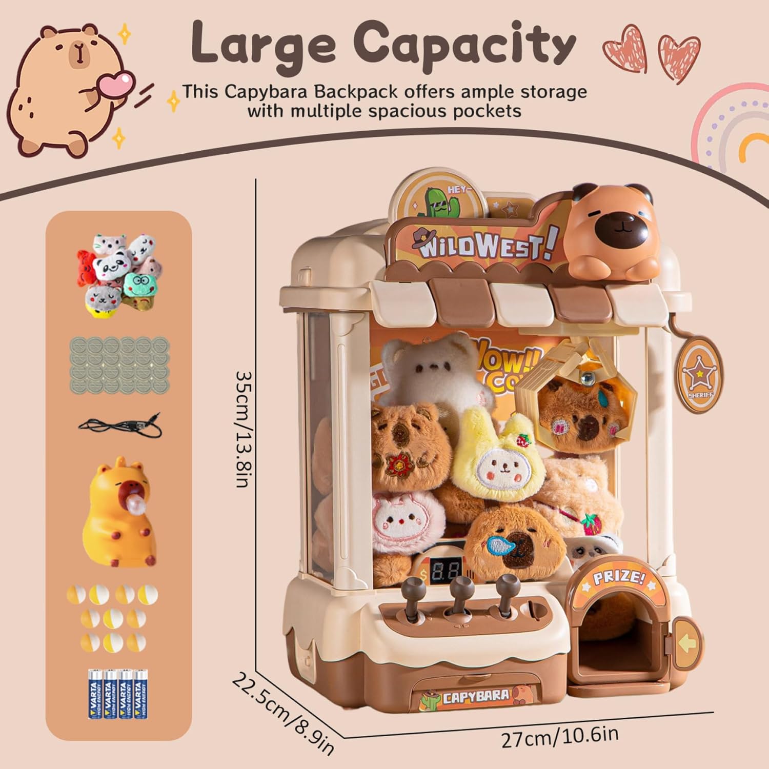 Toy Claw Machine for Kids, Cute Capybara Mini Vending Machine Dual Powered with 10 Dolls, 10 Eggs & 24 Coin for Christmas Birthday Party Favors, Utilisation IntéRieure