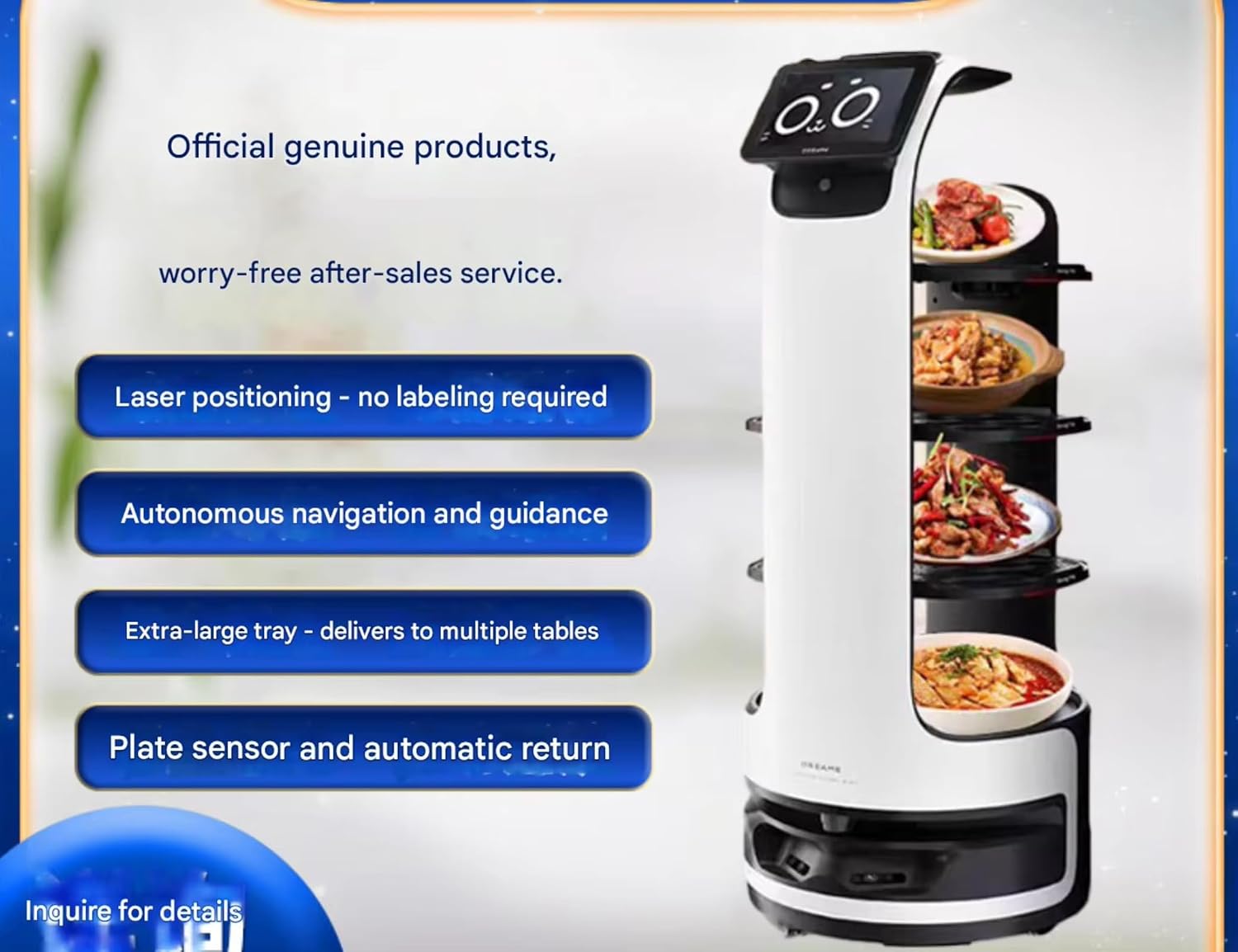 Autonomous Serving Robot for Hotel Room Service, APP Call Delivery, Guest Greeting & Guiding, Precision Positioning, Ultra-Long Endurance, Fleet Management