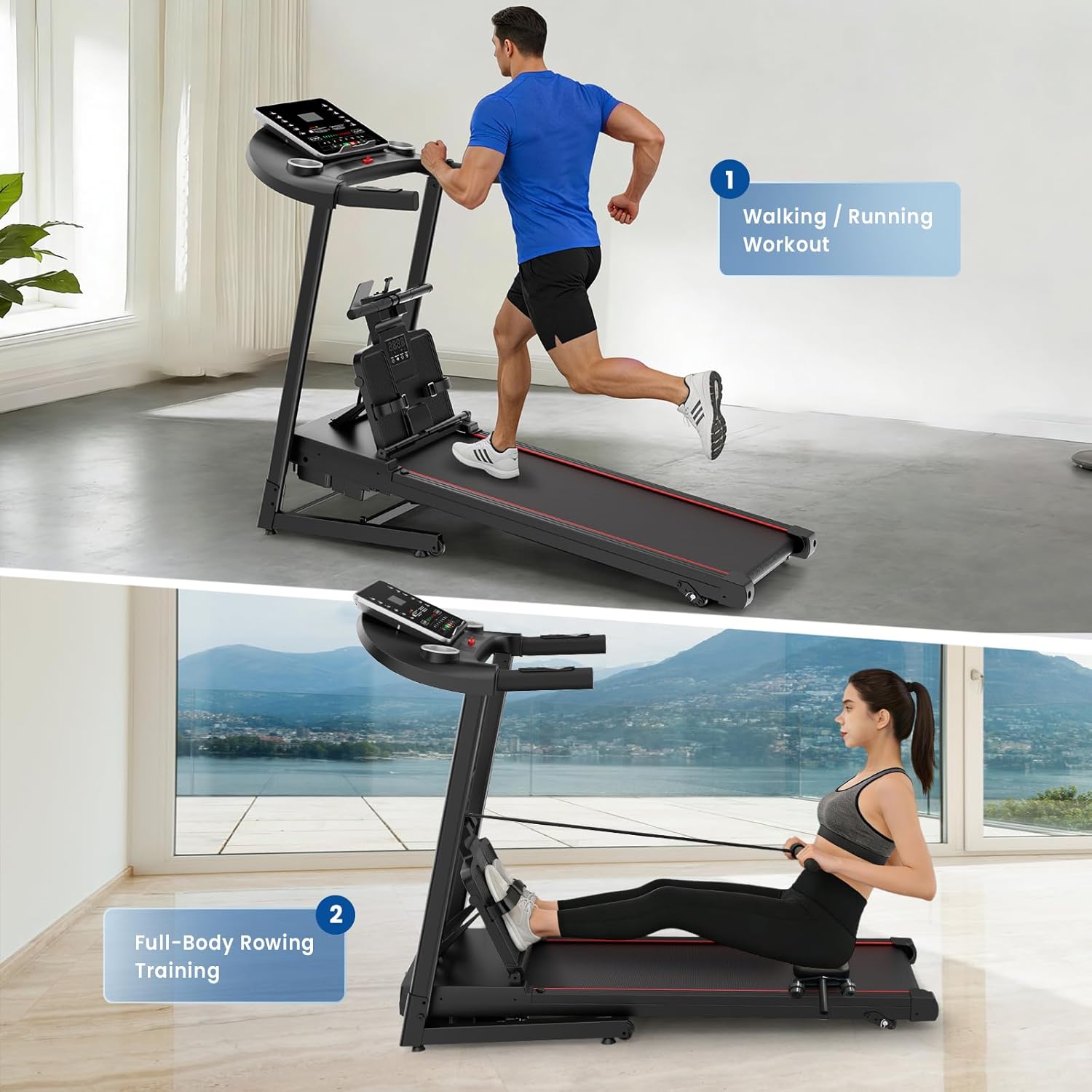 2-in-1 Treadmill and Rowing Machine Combines Running and Rowing for Aerobic Exercise with Adjustable Resistance, Space-Saving Full-Body Workout Machine