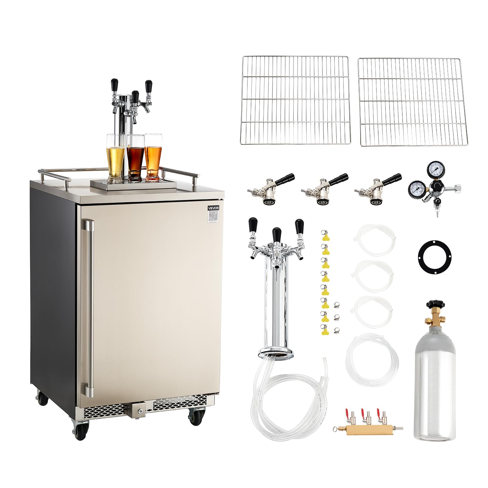 VEVOR Beer Kegerator, Dual Tap Commercial Draft Beer Dispenser for D system, Full Size Keg Refrigerator with 5lbs CO2 Tank, Hold 2 Sixth / 2 Ball lock keg, Black