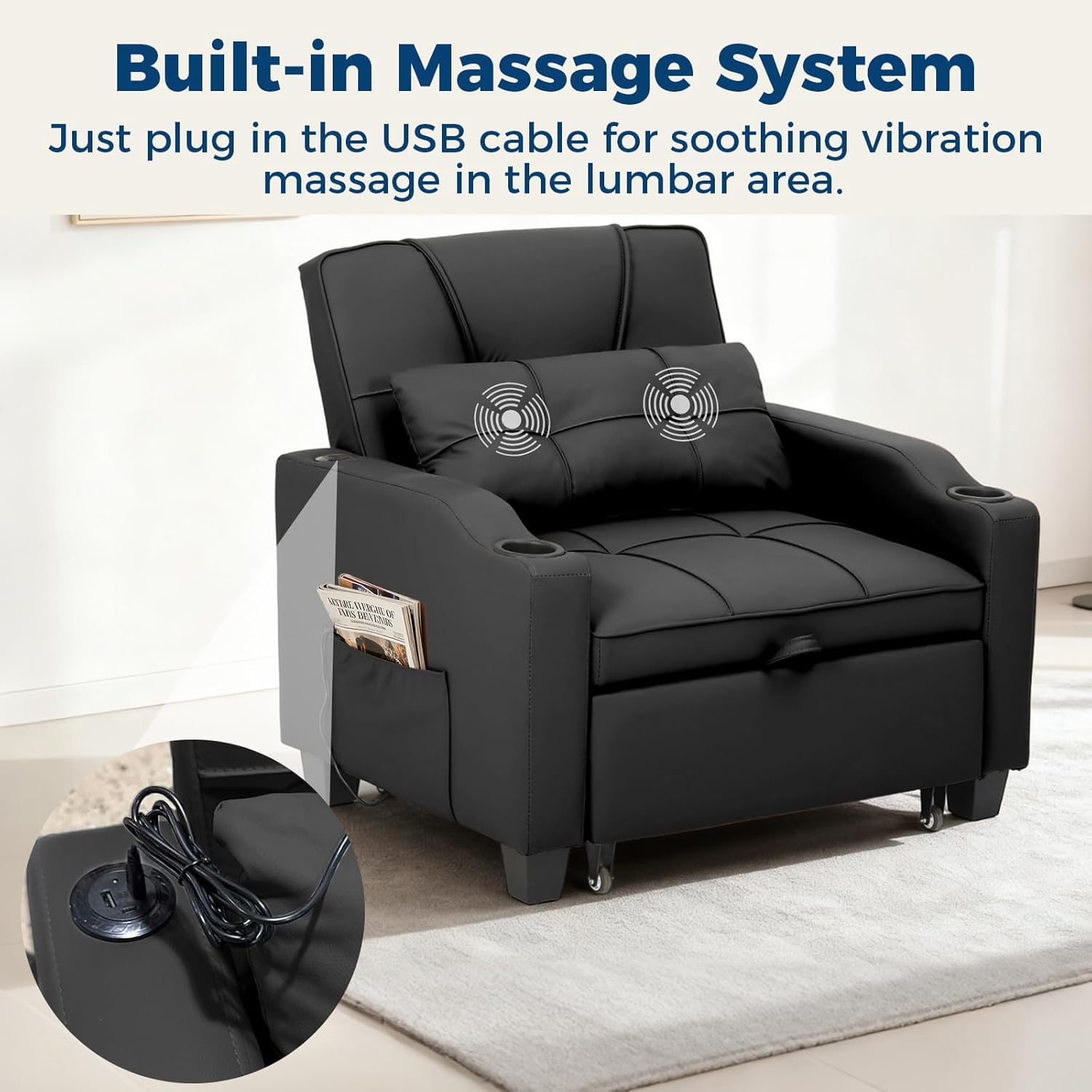 Sleeper Chair Pull Out Bed, 4 in 1 Convertible Sofa Chair Bed with Vibration Massage Lumbar Pillow, Single Sofa Recliner with USB/Type-C Port, Cup Holders and Side Pocket for Small Spaces (Brown)