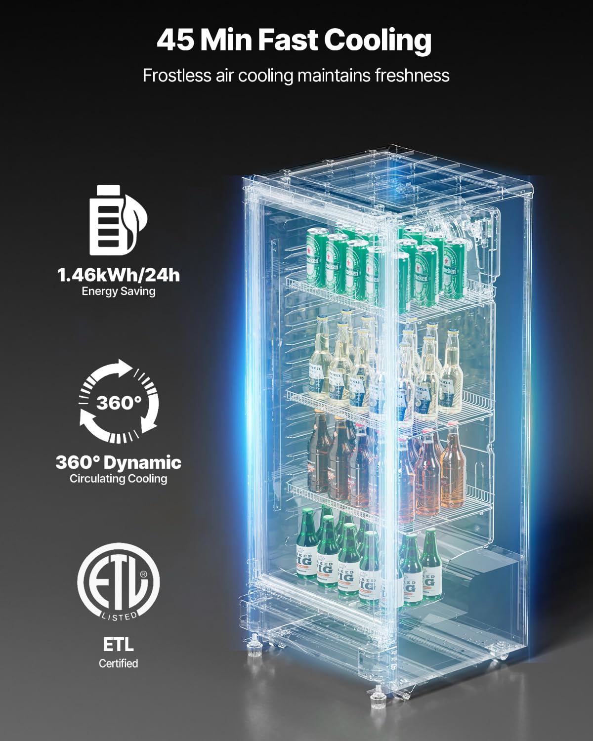 VEVOR Commercial Merchandiser Refrigerator, 6.9 Cu.Ft / 195L Glass Door Display Refrigerator, Upright Beverage Cooler Fridge with 4 Adjustable Shelves, Soft LED Light & Casters for Homes Shops Bars
