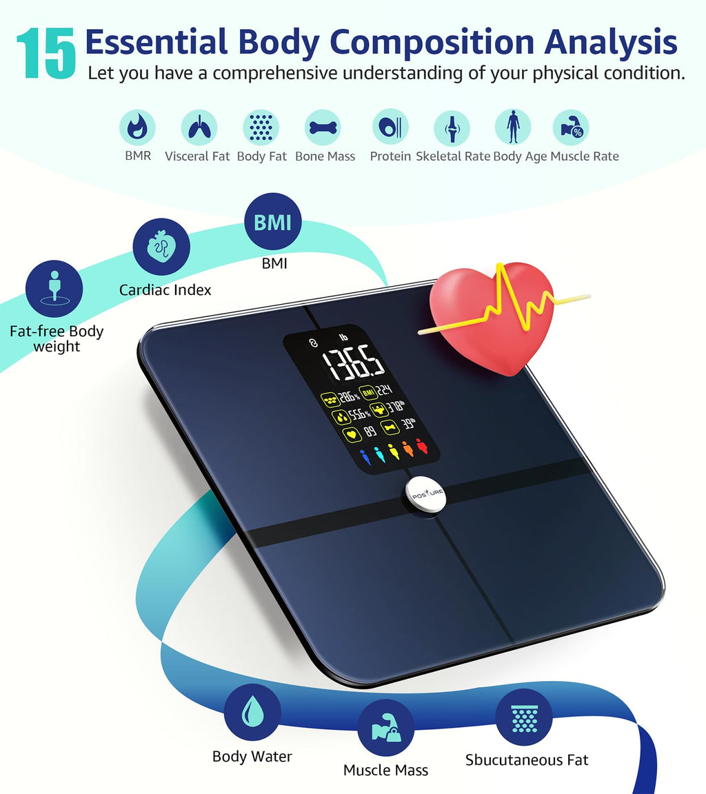 Posture Scale for Body Weight and Fat, Digital Bathroom Scale BMI Weighing Bluetooth Body Fat Scale, 8 Electrode Smart Body Fat Scale, Full Body Composition Analyzer with Voice Prompt
