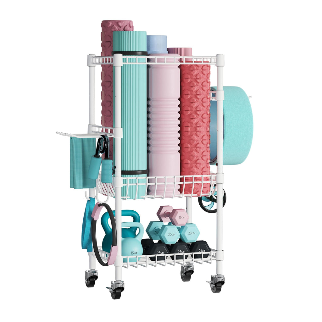 VOPEAK Home Gym Storage Rack with Wheels, Yoga Mat Storage Organizer for Kettlebells, Dumbbells, Resistance Bands, Space Saving 3-Tier Weight Rack for Home Gym, Garage, Easy to Install