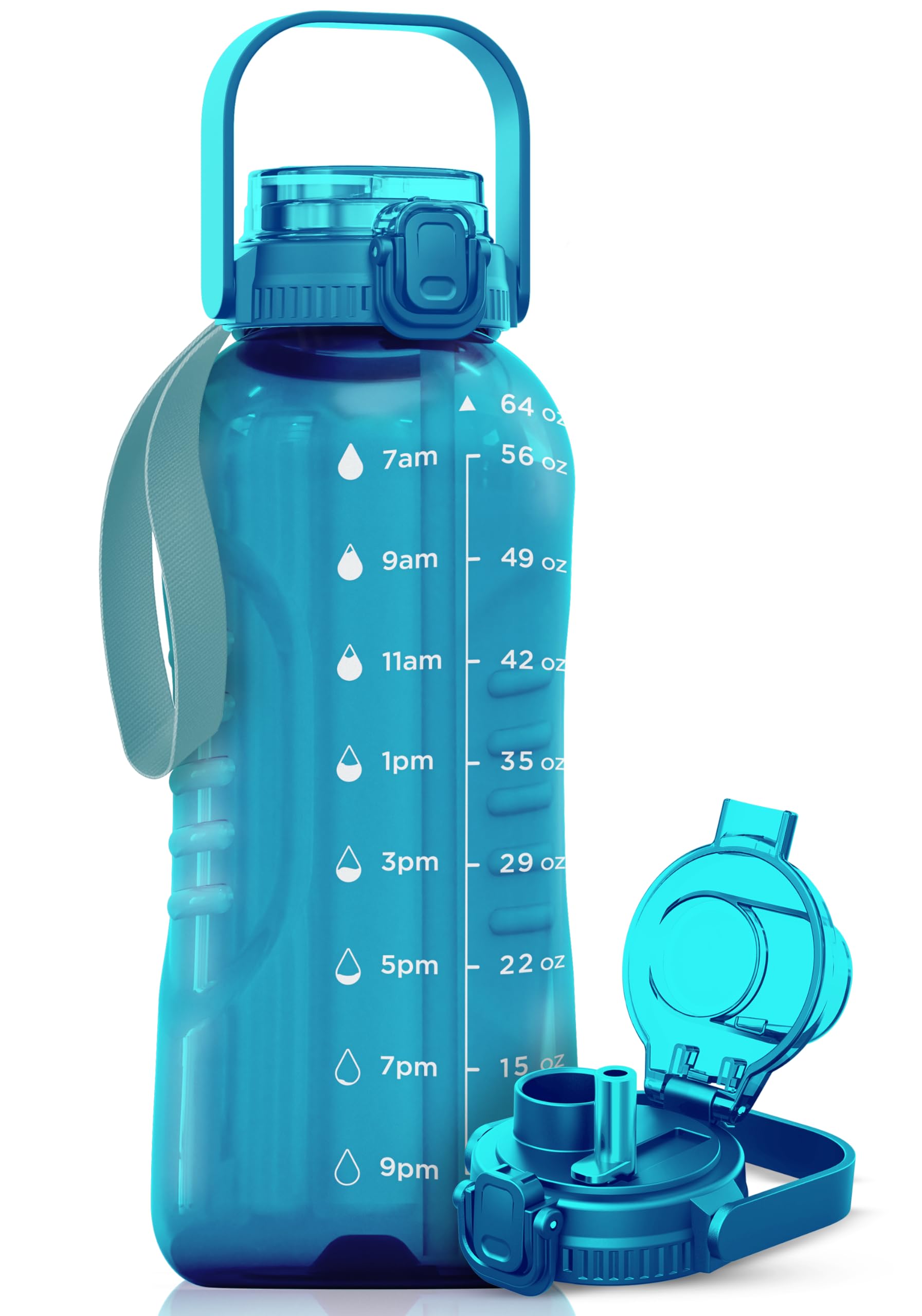 AQUAFIT 64 oz Water Bottle with Time Marker - 2in1 Straw & Chug Lid - BPA Free Big Water Bottle with Straw - Gym Water Bottle with Strap - Water Jug (64 Ounces, Clarity)