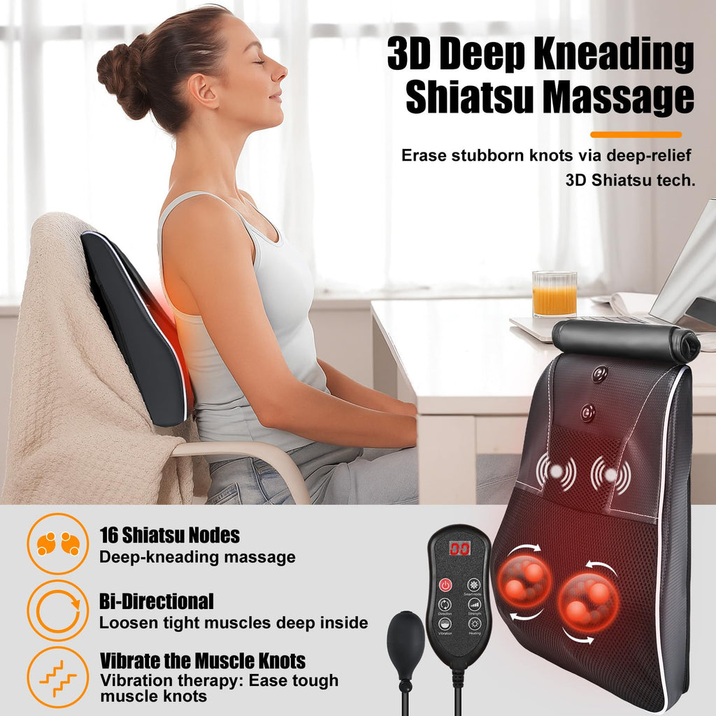 Shiatsu Neck and Shoulder Massager with Heat, Back Massager for Pain Relief Deep Tissue, 3D Kneading Massager for Chair Home Office Car, Gifts for Mom, Dad, Women (Black)